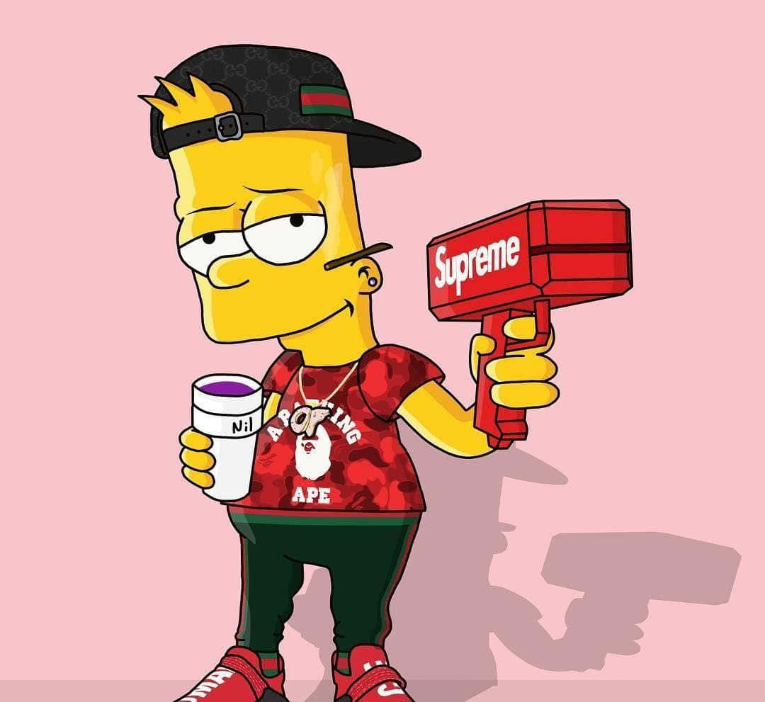 Bart Simpson Gangster 桌布 壁紙 — 巴特·辛普森穿著街頭服飾，在粉紅色背景前拿著Supreme水槍和品牌杯子。