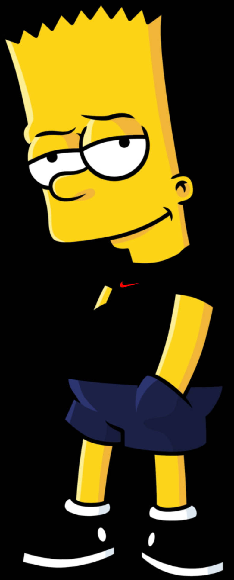 巴特·辛普森卡通角色穿著黑色襯衫和藍色短褲。