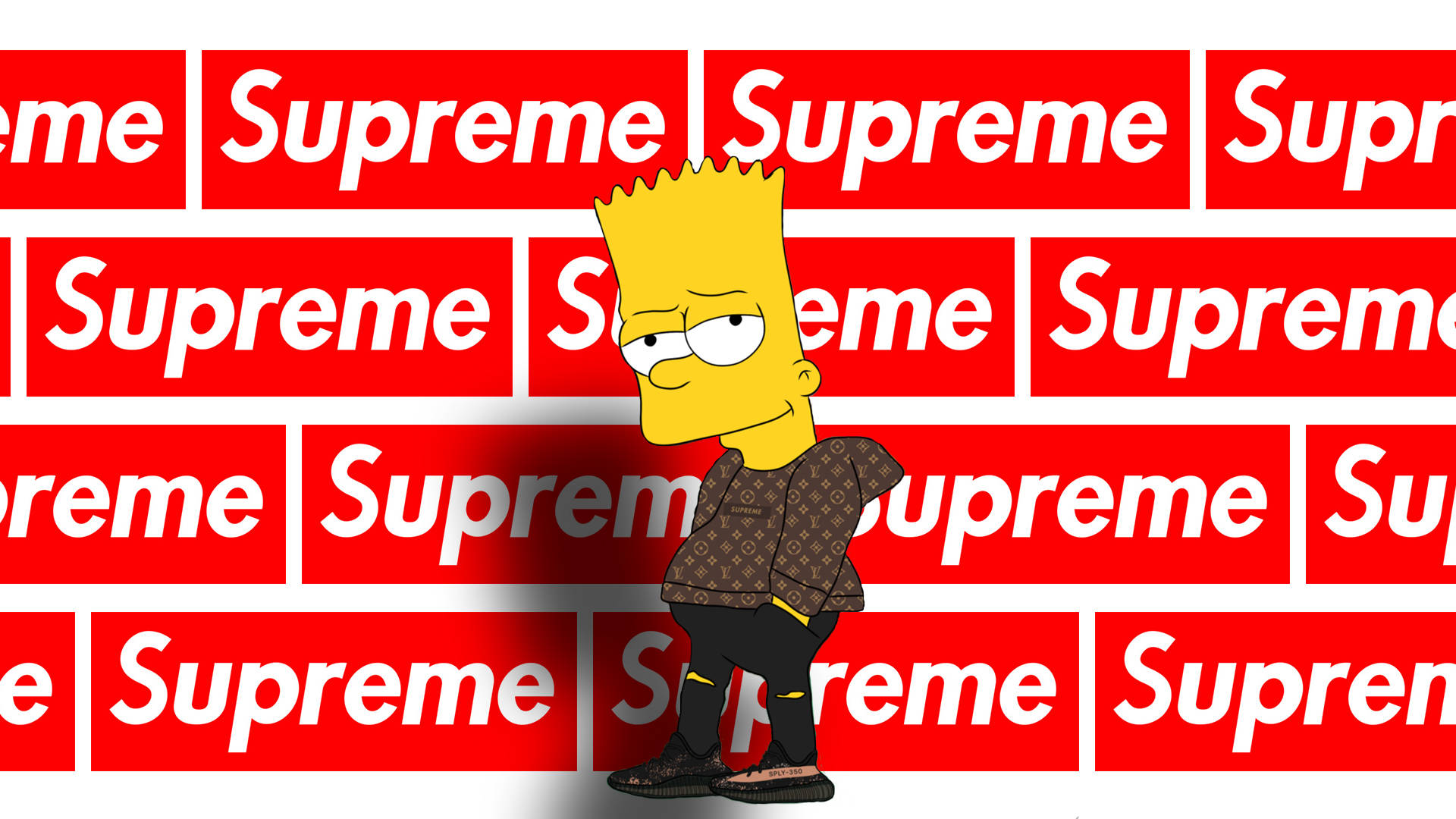 巴特·辛普森站在滿佈 Supreme 標誌的牆前 壁紙 — 巴特·辛普森自信地站在重複的紅色Supreme標誌牆前，這是一個大膽的流行文化混搭。