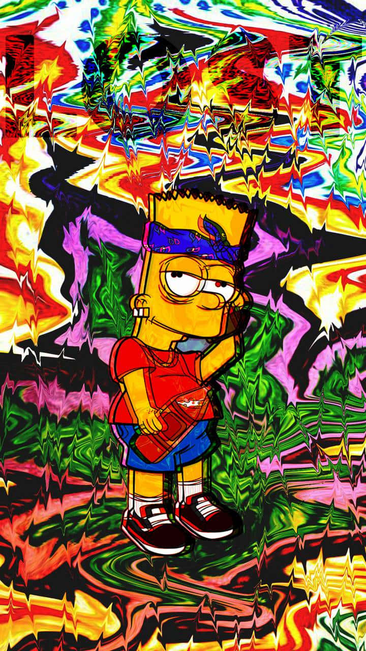 Bart Simpson Gangster 桌布 壁紙 — 巴特·辛普森自信地站在鋸齒狀彩虹色分形圖案的迷幻爆炸中。