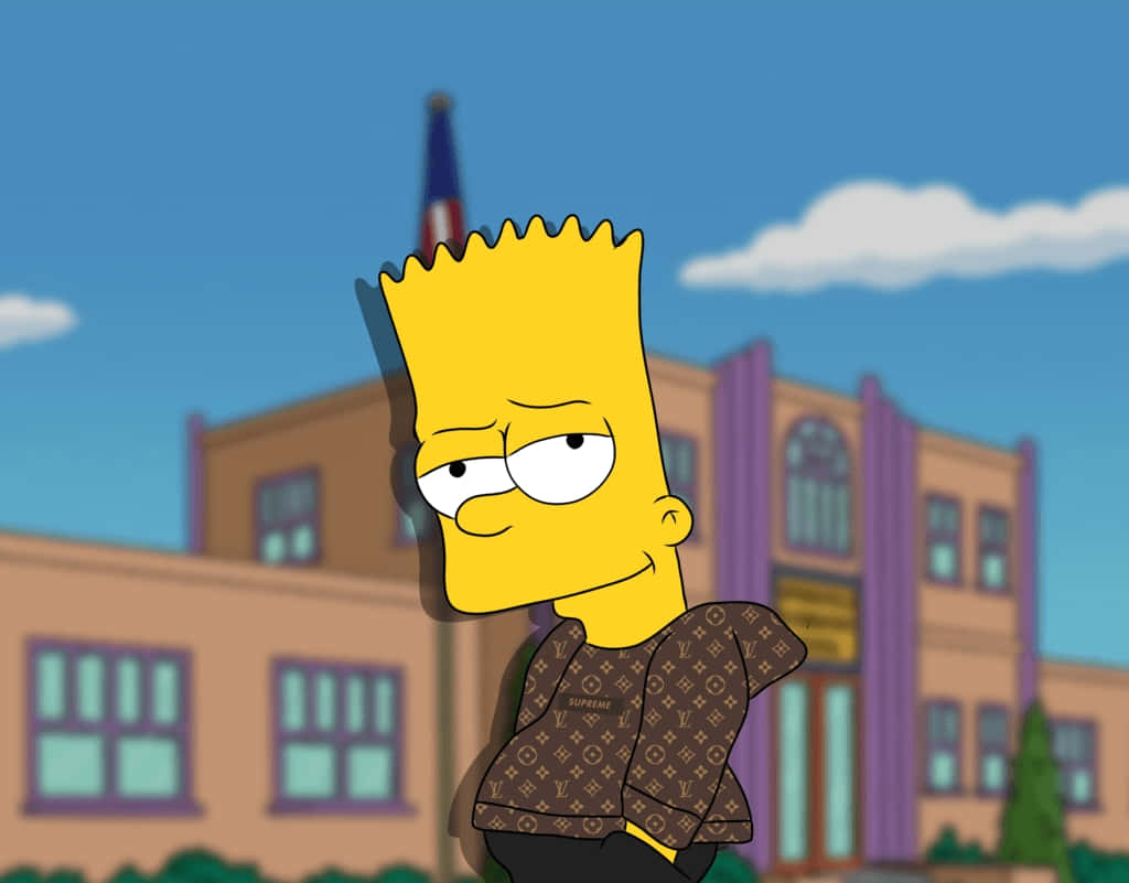 Bart Simpson Gangster 桌布 壁紙 — 巴特·辛普森身穿Louis Vuitton Supreme外套，站在晴朗藍天下的學校建築前。