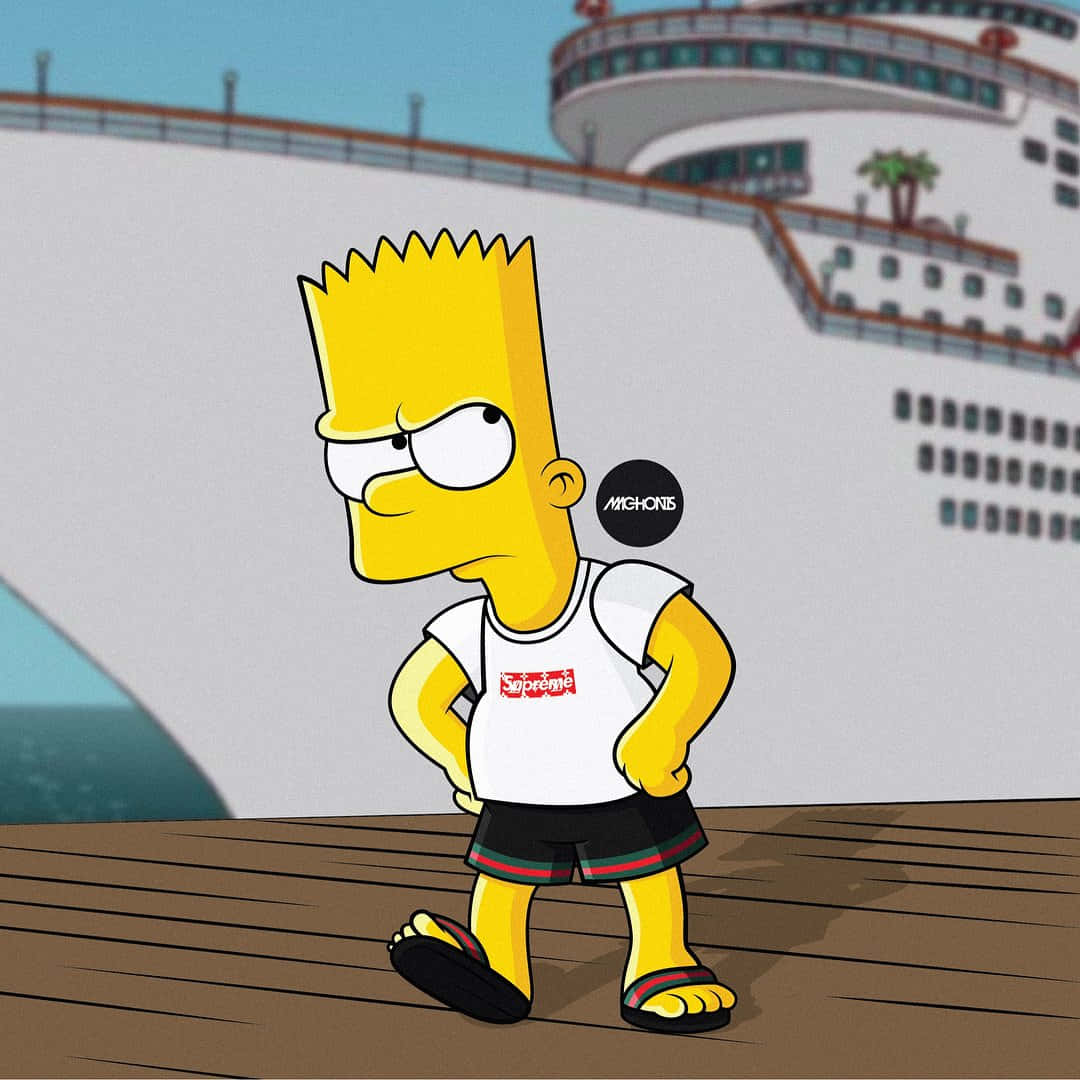 Bart Simpson 穿著 Supreme T 恤和 Gucci 短褲站在郵輪甲板上。