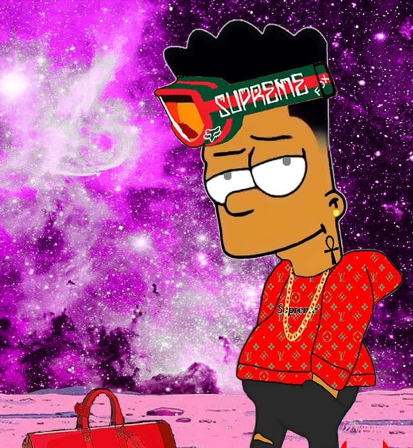 Bart Simpson Gangster 桌布 壁紙 — 巴特·辛普森身穿奢華裝備，站在充滿活力的紫色銀河背景前，腳邊有一個紅色手提包。