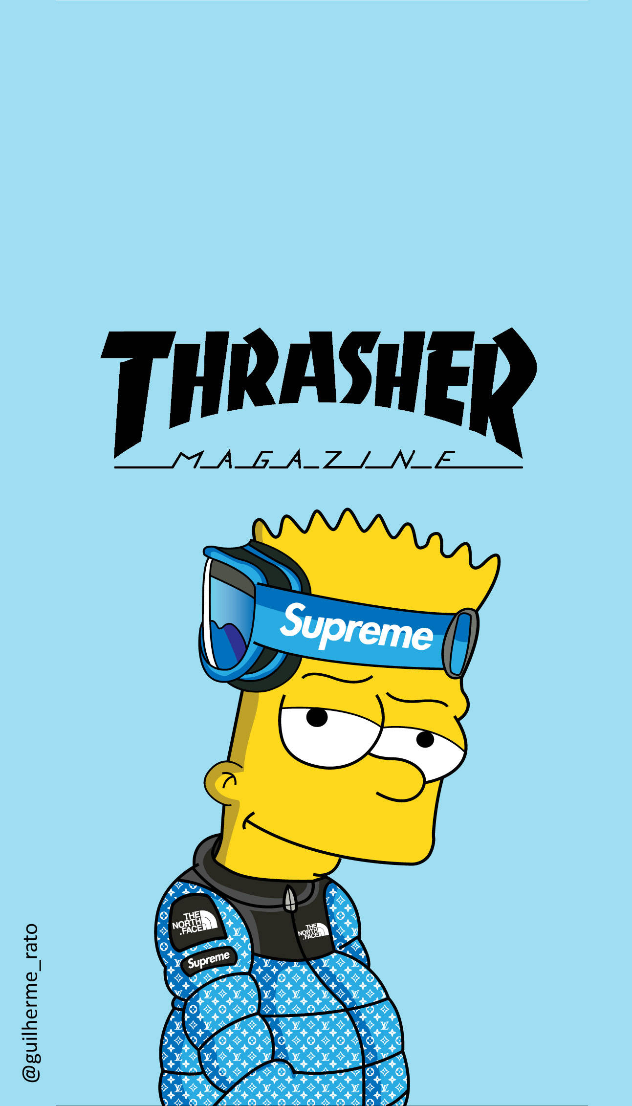 巴特·辛普森身穿藍色 Supreme 套裝，上方有 Thrasher 標誌 壁紙 — 巴特·辛普森戴著藍色 Supreme 護目鏡和印花 North Face 外套，背景為淺藍色，並有 Thrasher Magazine 標誌。