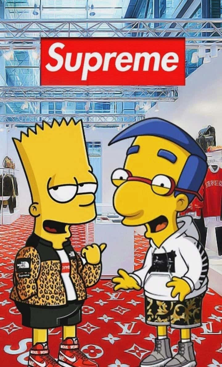 Bart Simpson Gangster 桌布 壁紙 — 巴特和米爾豪斯在Supreme快閃店穿著奢華街頭服飾，站在路易威登地毯上。