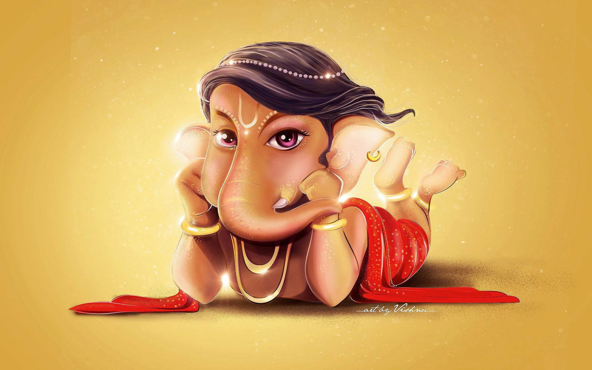 巴甘尼什臥躺於地 壁紙 — 可愛卡通象頭神Ganesha，大耳朵，穿紅色dhoti，在金色背景上托腮休息。