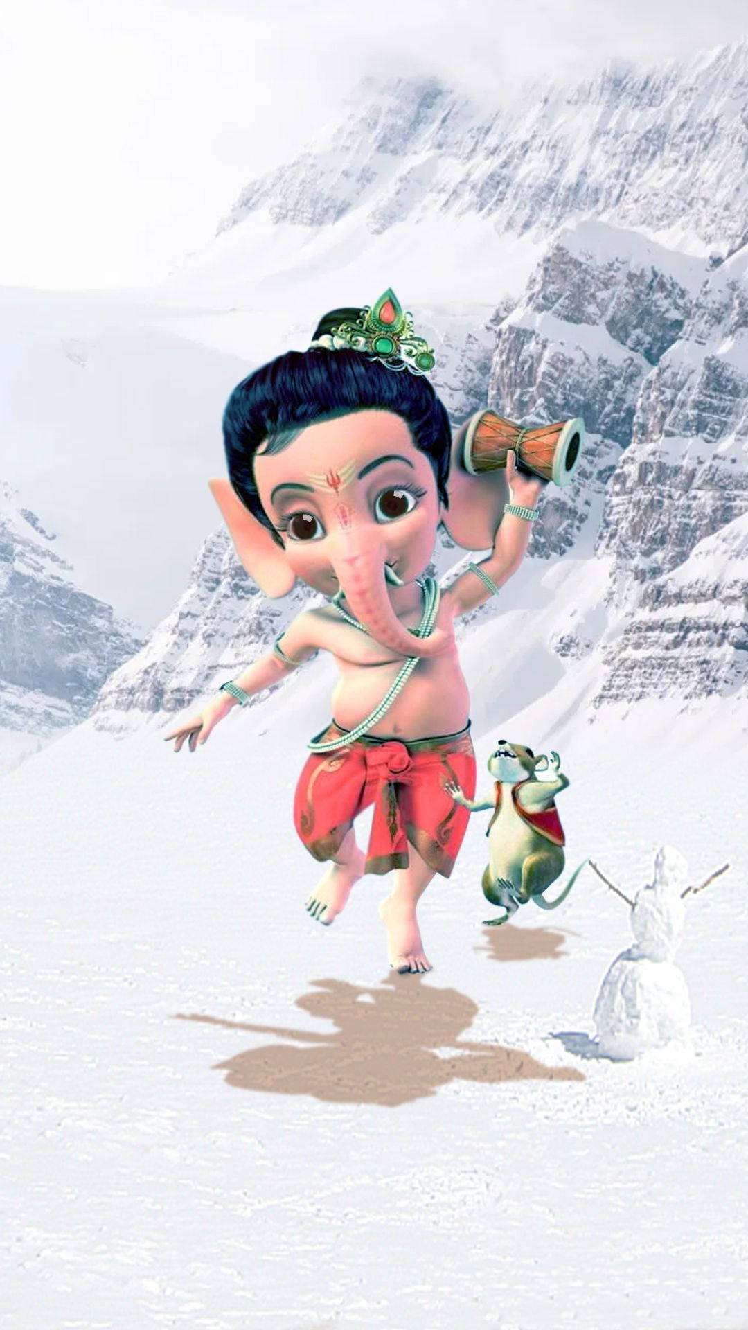 巴甘尼什與老鼠奔跑 壁紙 — 一隻開心的動畫小象神在雪山中與老鼠同伴和雪人一起跳舞。