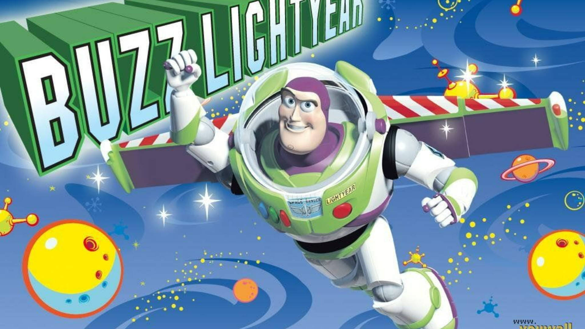 巴斯光年飛越太空，周圍環繞著行星和星星。
