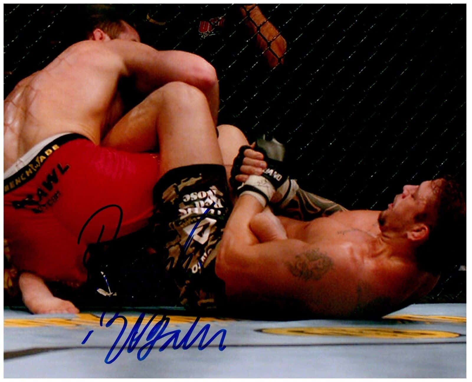 巴西MMA及UFC選手Renato Sobral親筆簽名照 壁紙 — 兩名拳手在八角籠內的軟墊上激烈纏鬥，進行綜合格鬥比賽。