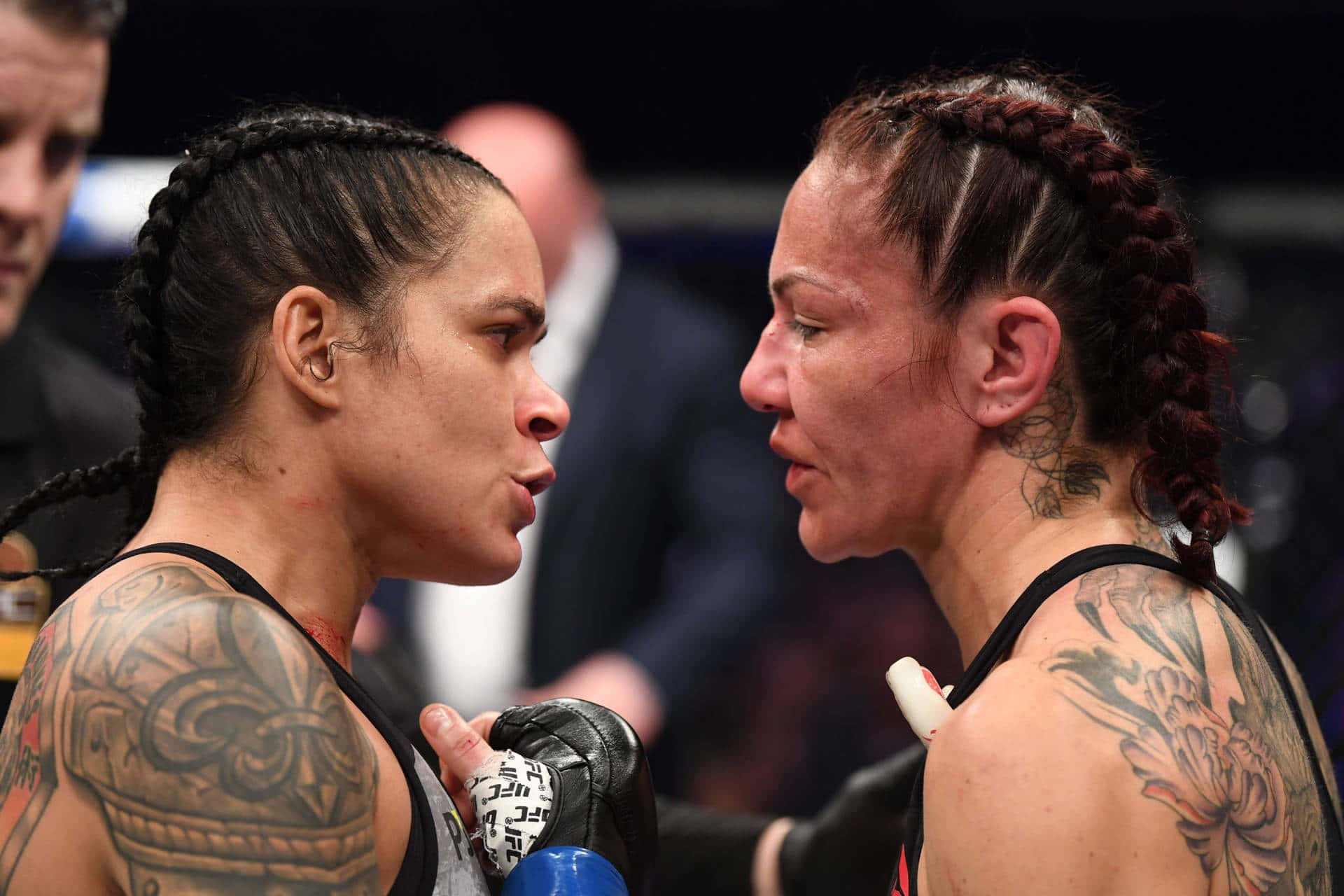 巴西UFC選手阿曼達·努內斯與克莉絲·西伯格於UFC 232 壁紙 — 兩名女性MMA拳手在八角籠內激烈對峙，紋身和手套清晰可見。