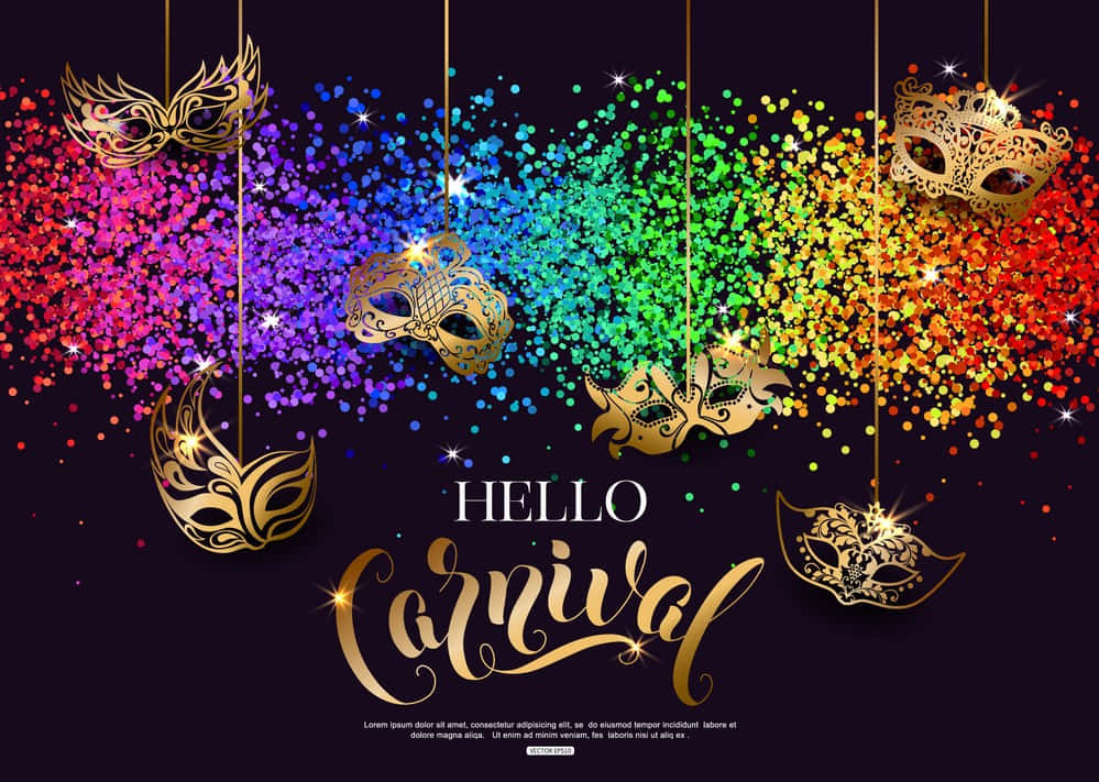 金色嘉年華面具掛在彩虹閃粉上，配有「Hello Carnival」文字。