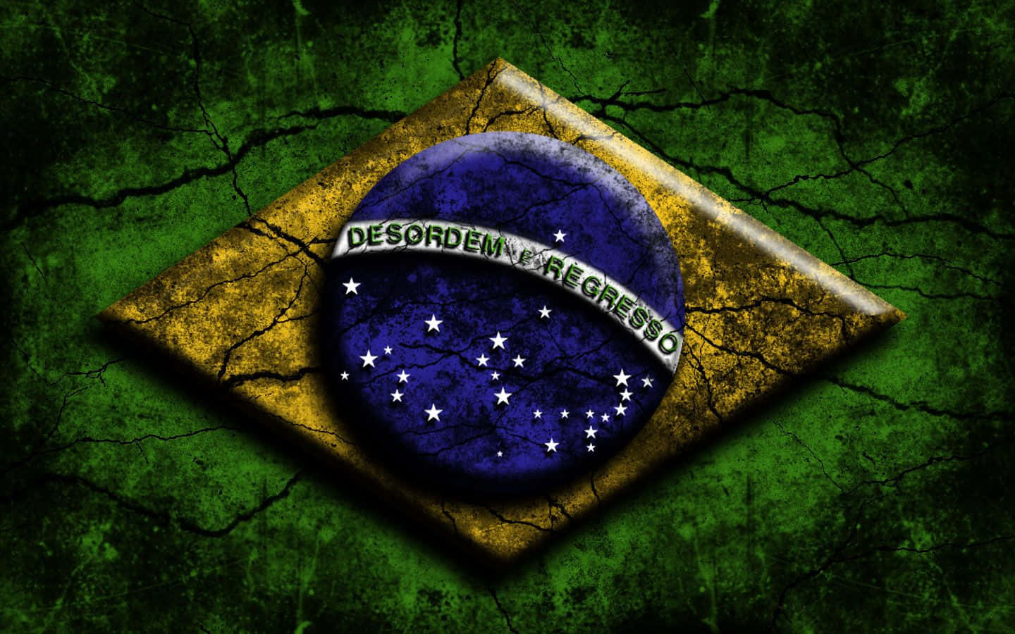 Brazil 桌布 壁紙 — 巴西國旗，帶有「Desordem e Regresso」文字，背景為破裂的綠色。