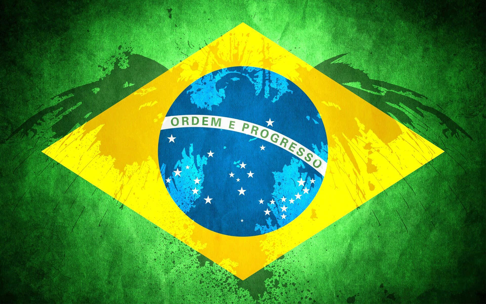 Brazil 桌布 壁紙 — 巴西國旗，帶有頹廢質感和油漆飛濺效果，背景為綠色。