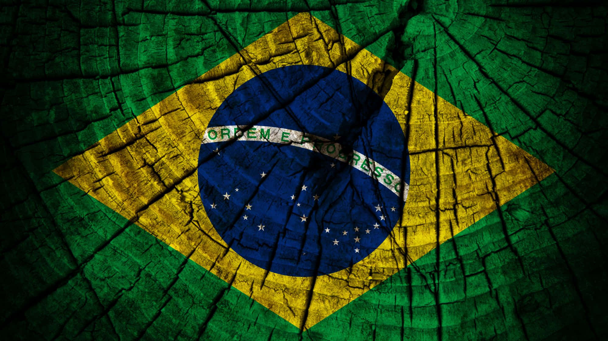 Brazil 桌布 壁紙 — 巴西國旗繪在風化的樹樁上，帶有裂開的樹皮紋理和昏暗光線。