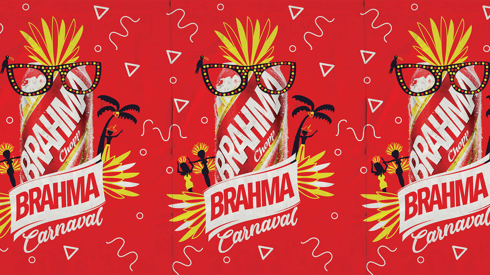 Brahma 啤酒瓶搭配太陽眼鏡和棕櫚樹，呈現節日狂歡設計。