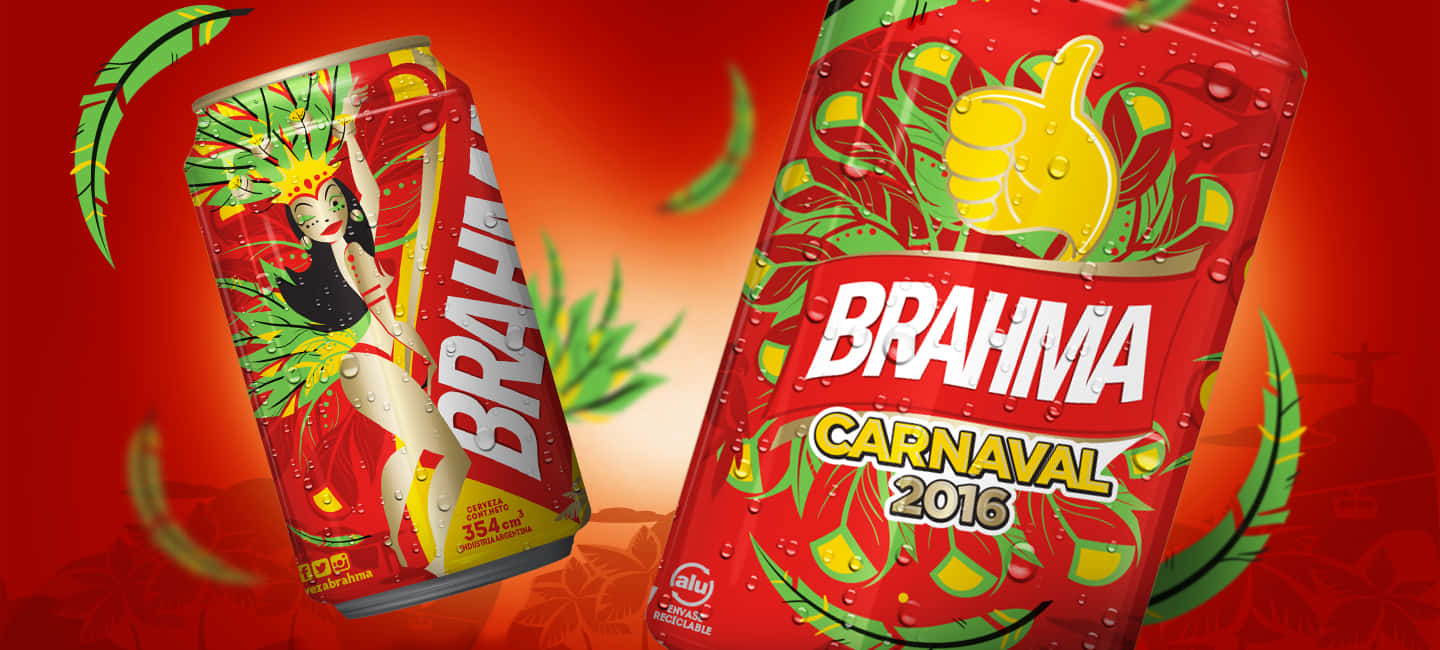 兩個紅色Brahma啤酒罐，帶有嘉年華設計同綠色葉子，喺紅色背景上。