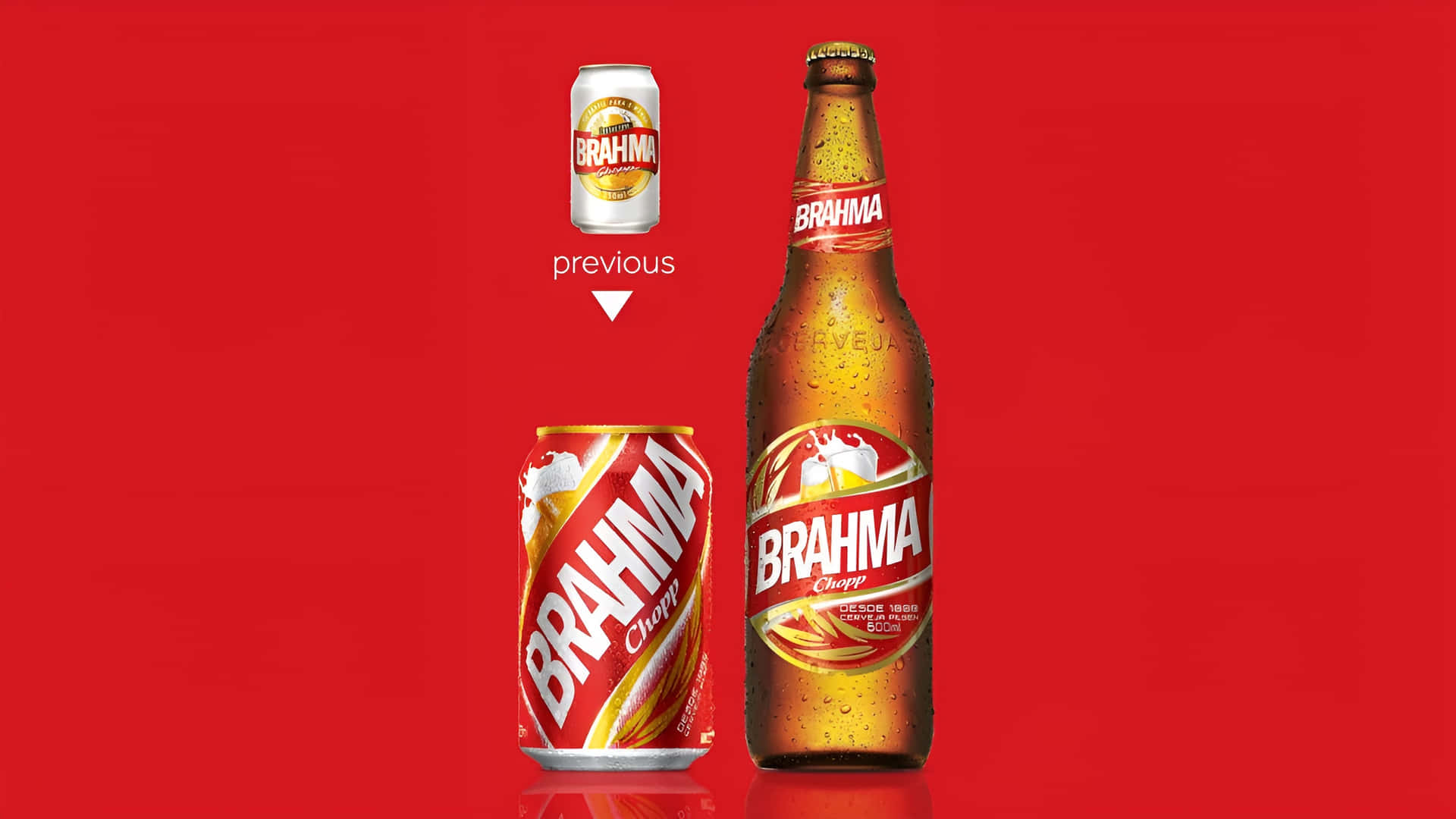 Brahma啤酒瓶和罐頭帶水珠，紅色背景