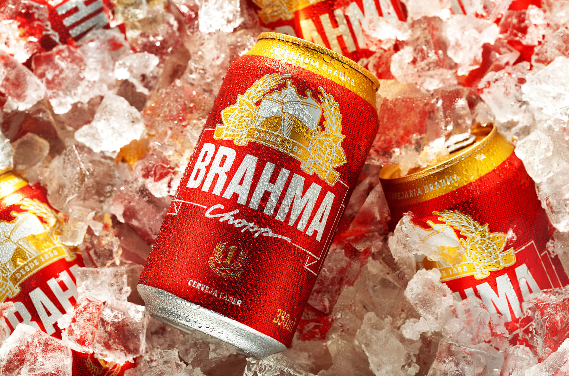 紅色 Brahma 啤酒罐在碎冰中冷藏，帶來清爽的夏日飲品。