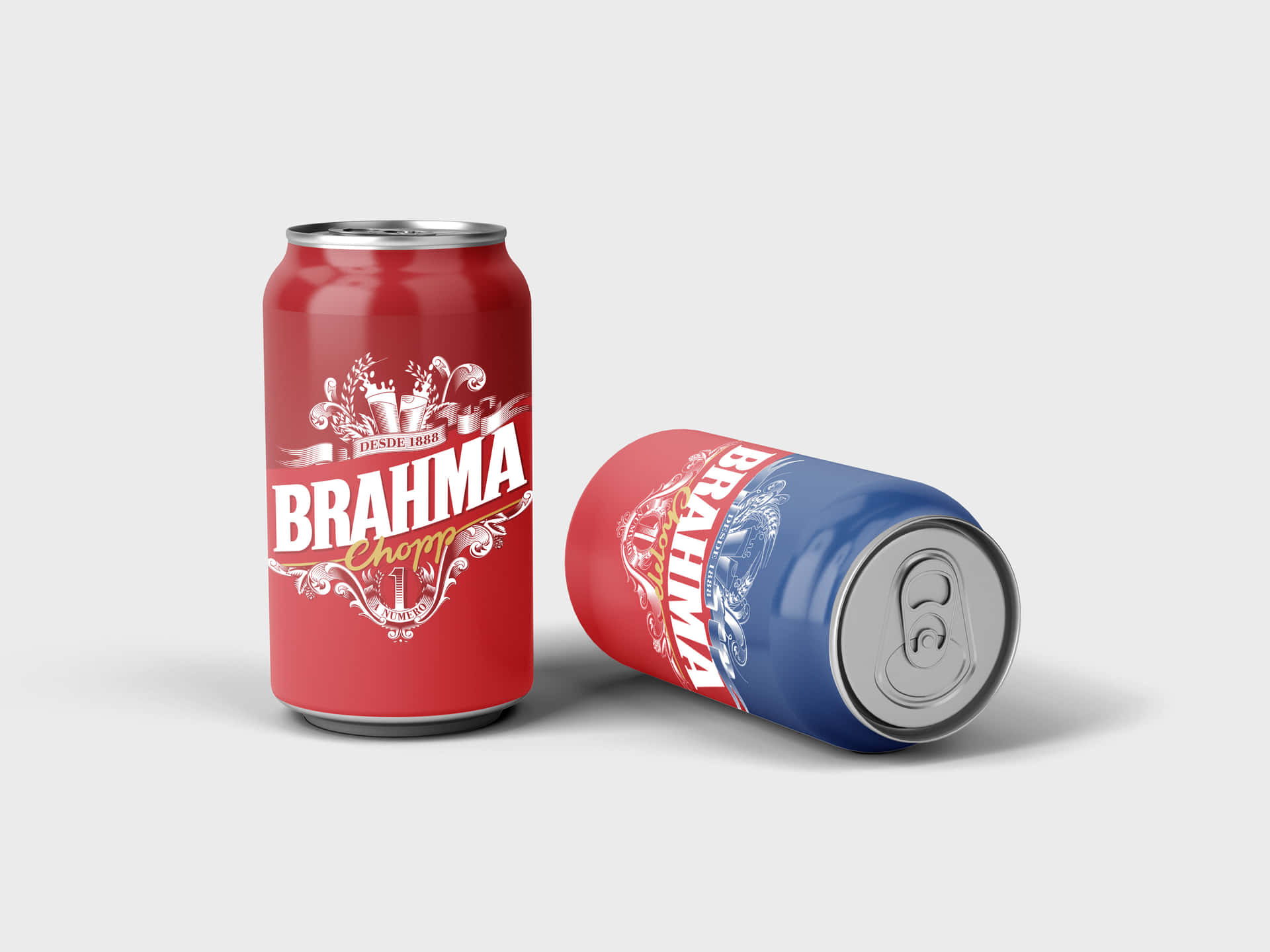 兩個Brahma啤酒罐，一個站立一個躺臥，在灰色背景上。