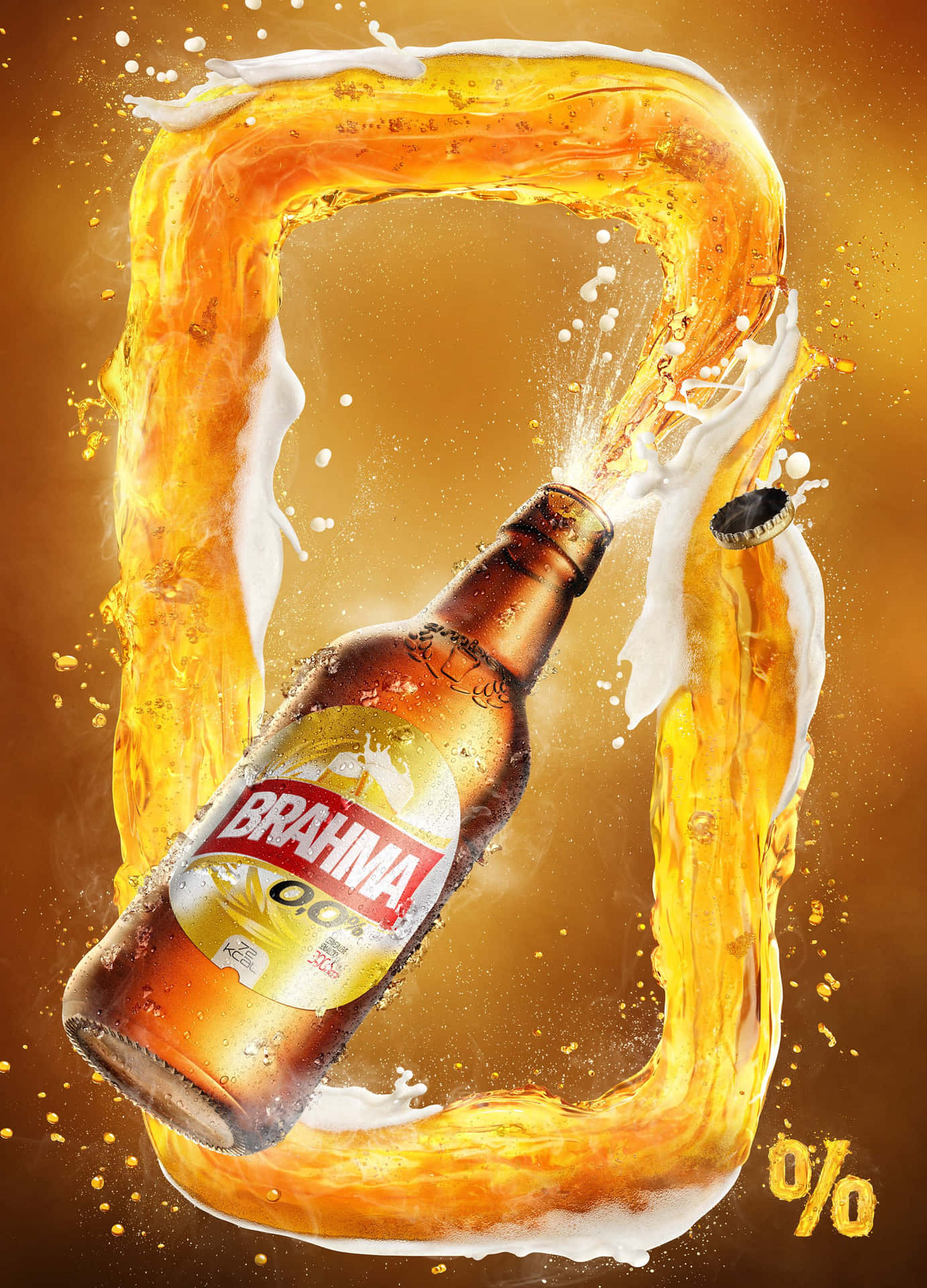 Brahma 啤酒瓶在金色飛濺框架中爆炸，泡沫四濺。