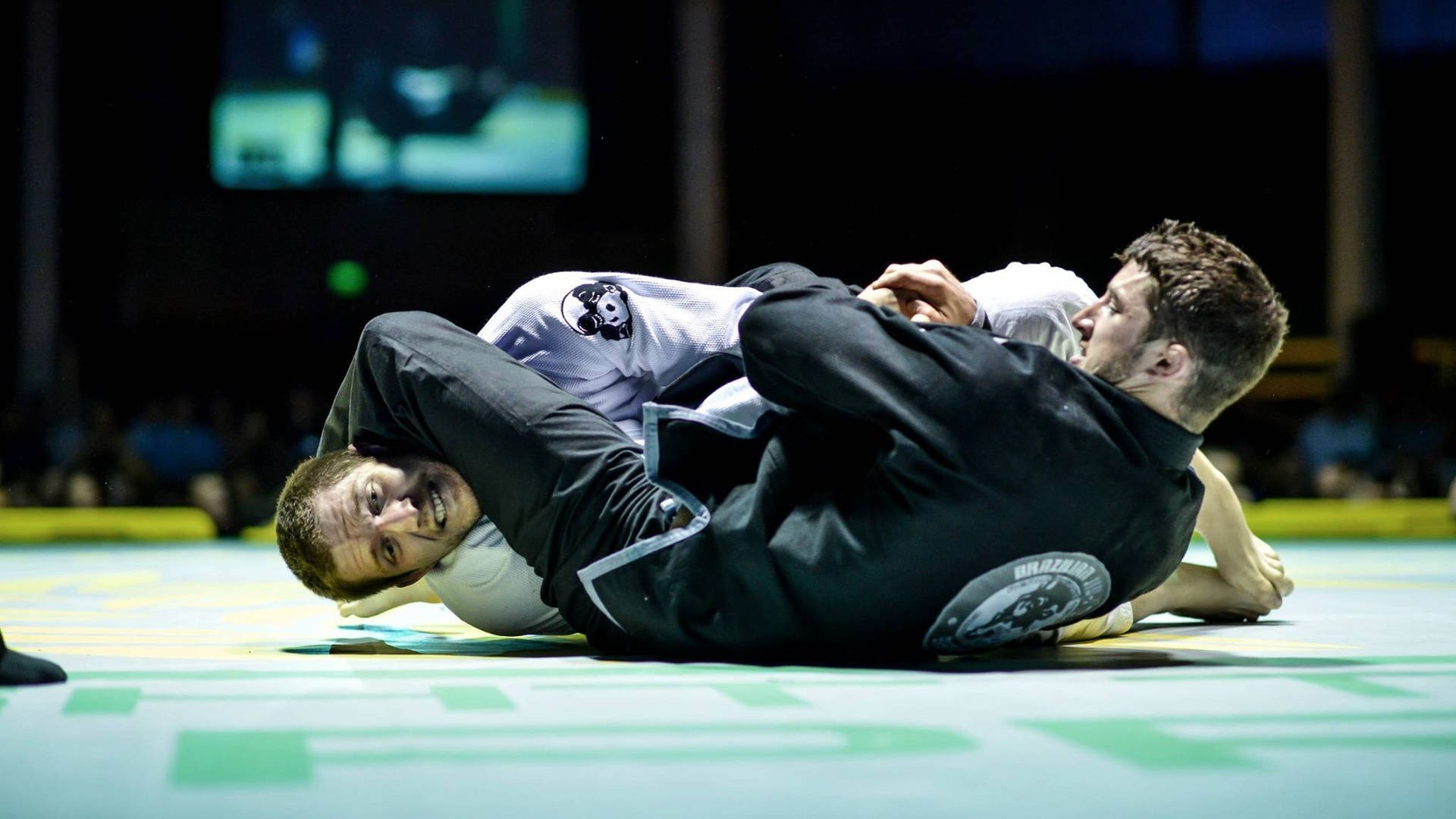 兩名男性BJJ選手在綠色墊子上進行纏鬥比賽。