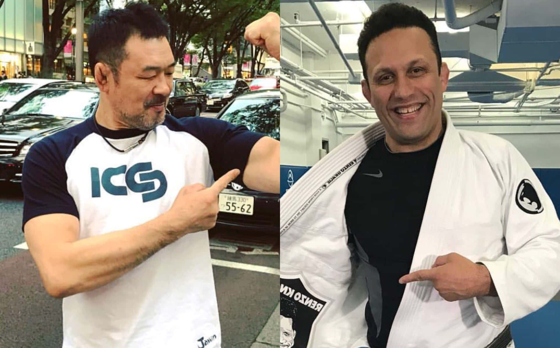 兩名男子彎曲肱二頭肌，一個穿著T恤，另一個穿著柔道服，兩人都微笑。