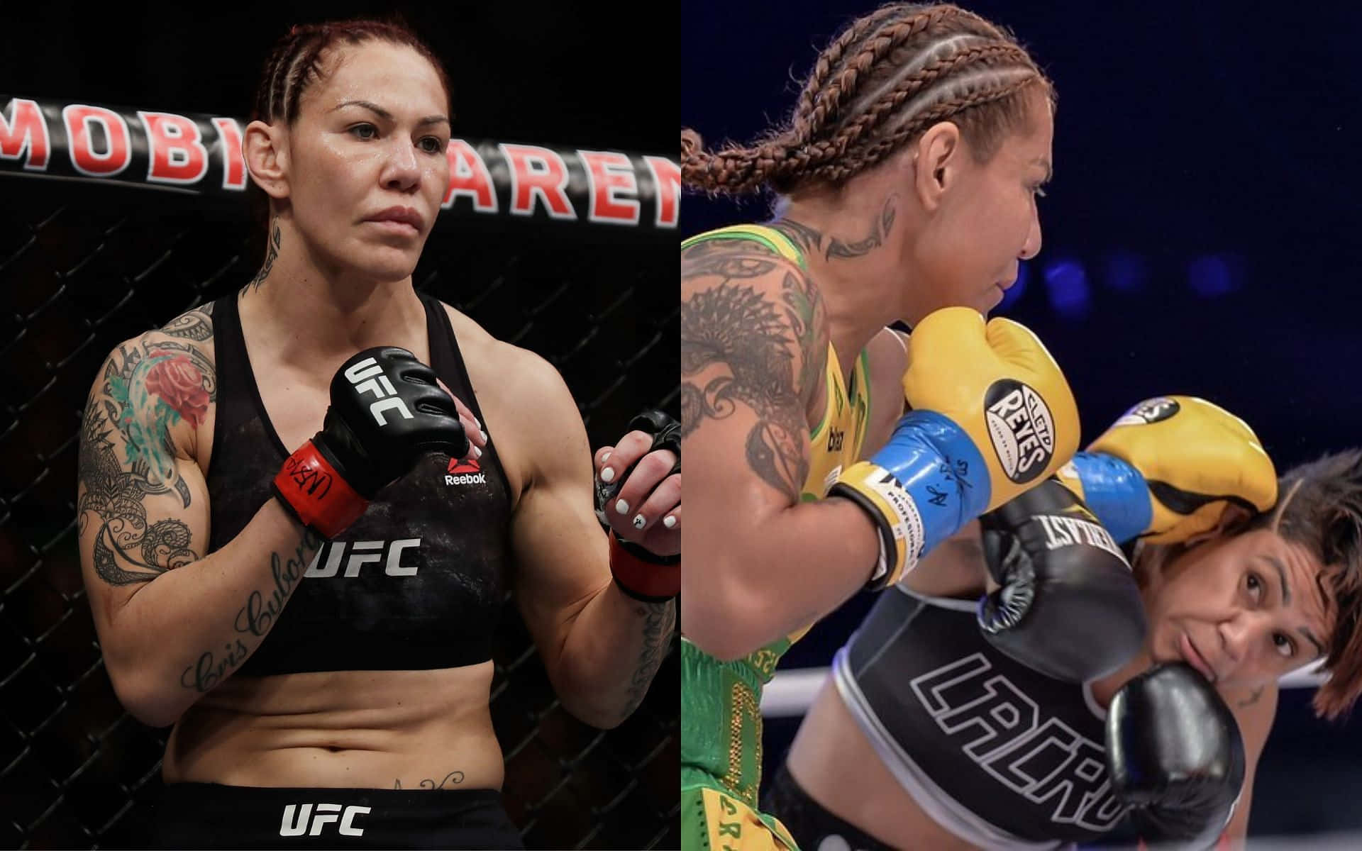 巴西裔美國UFC選手克莉絲·西伯格插畫 壁紙 — 兩名身穿戰鬥裝備的女性MMA拳手在UFC八角籠內激烈對峙，帶有紋身和專注的表情。