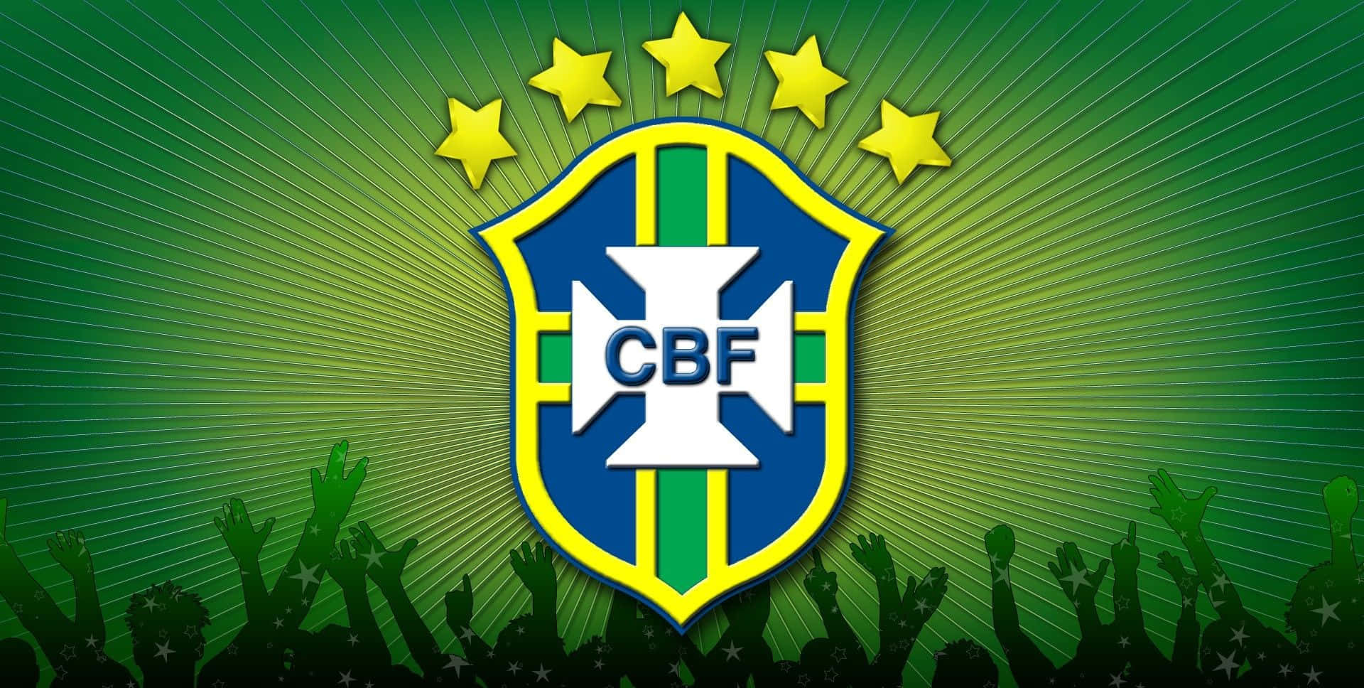 Brazil 桌布 壁紙 — 巴西足球協會會徽，五顆星在綠色背景上閃耀，下方有歡呼的人群剪影。