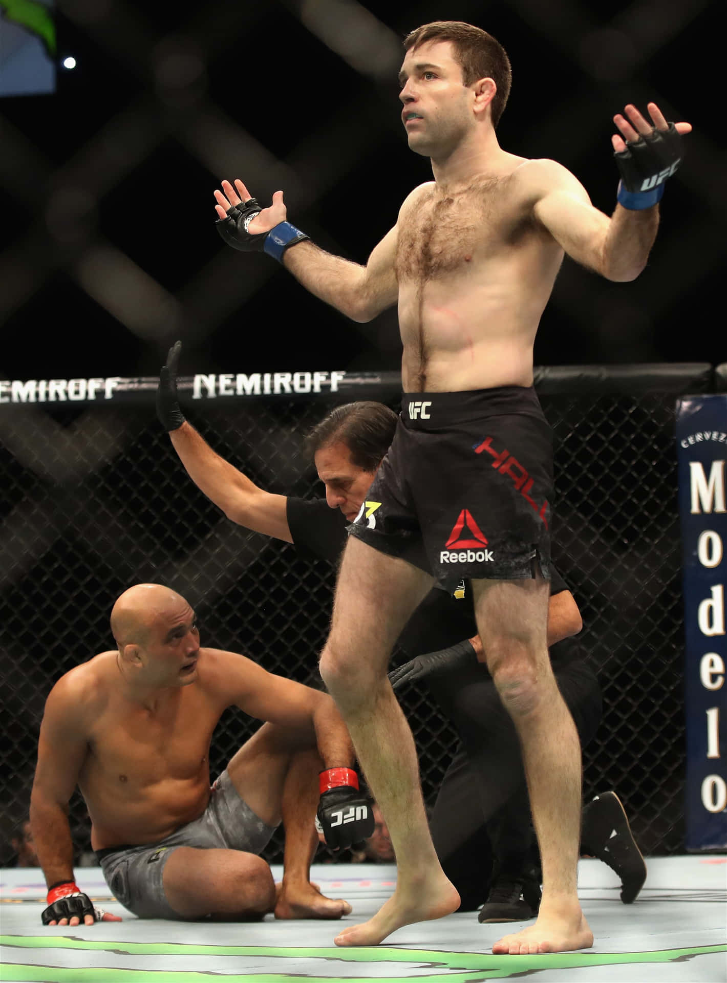 MMA拳手在八角籠中慶祝擊敗倒下的對手