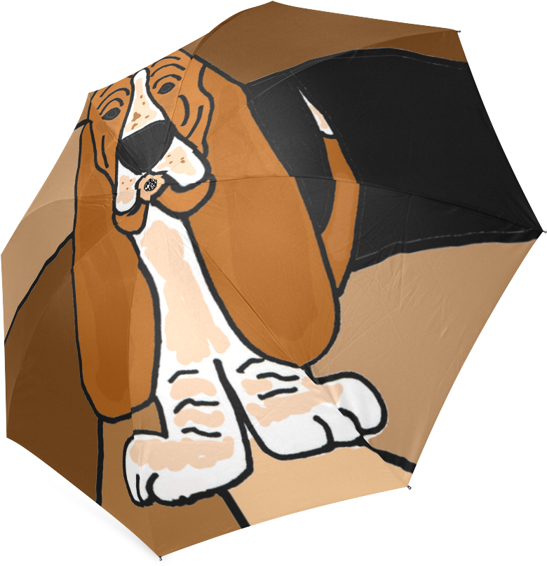 巴賽特獵犬圖案雨傘 壁紙 — 一隻卡通巴吉度獵犬，長耳朵，表情愉快，印在棕色和黑色的雨傘上。