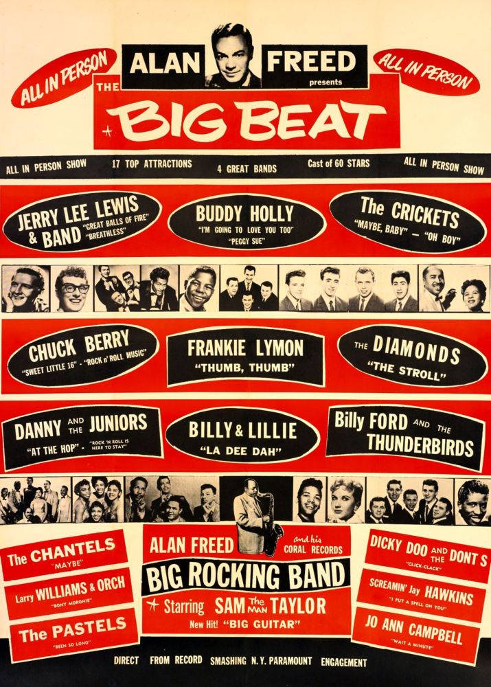列出 Buddy Holly 和 Chuck Berry 等藝術家的復古 1950 年代搖滾音樂會海報。
