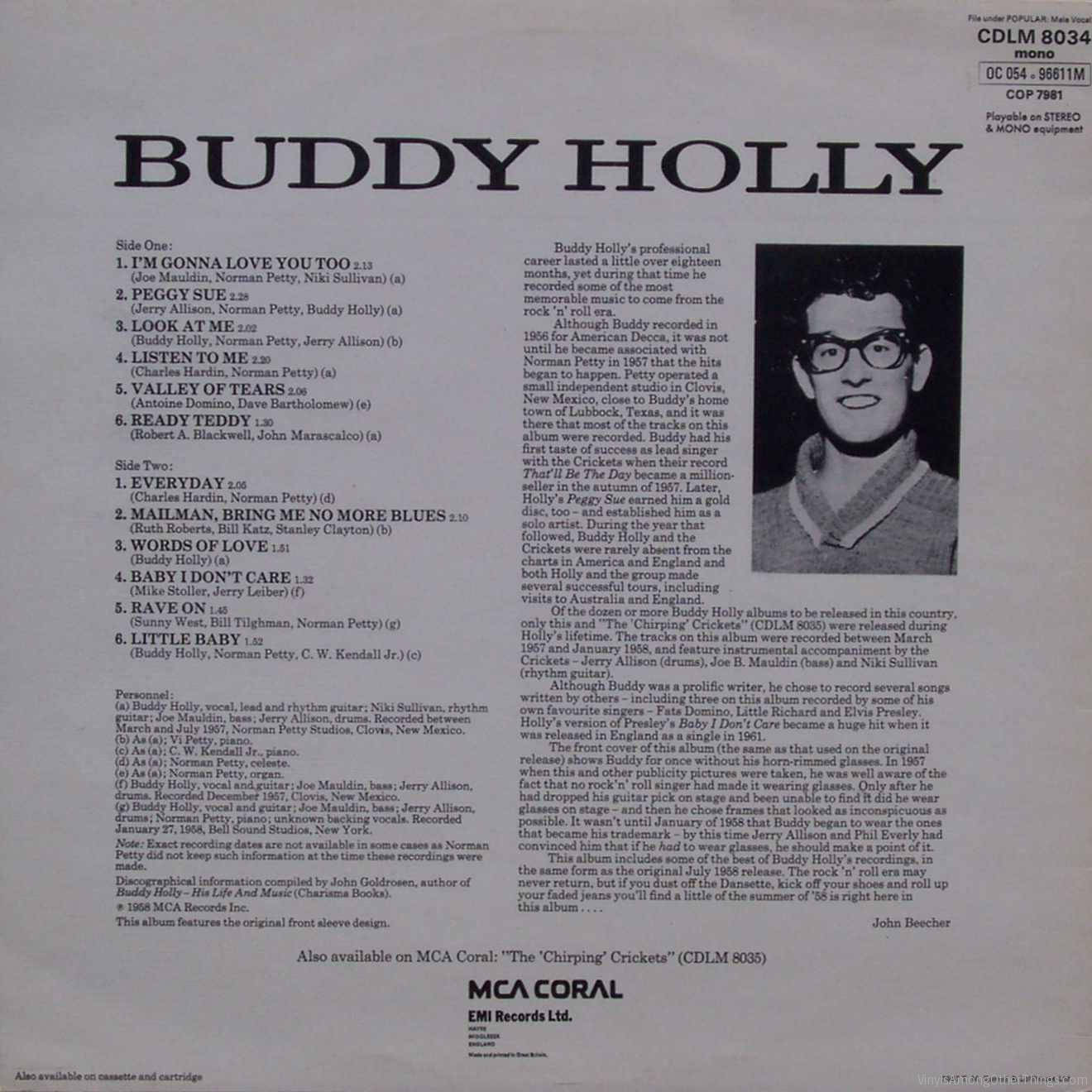 Buddy Holly 專輯封面，附有曲目列表和他戴眼鏡的照片。