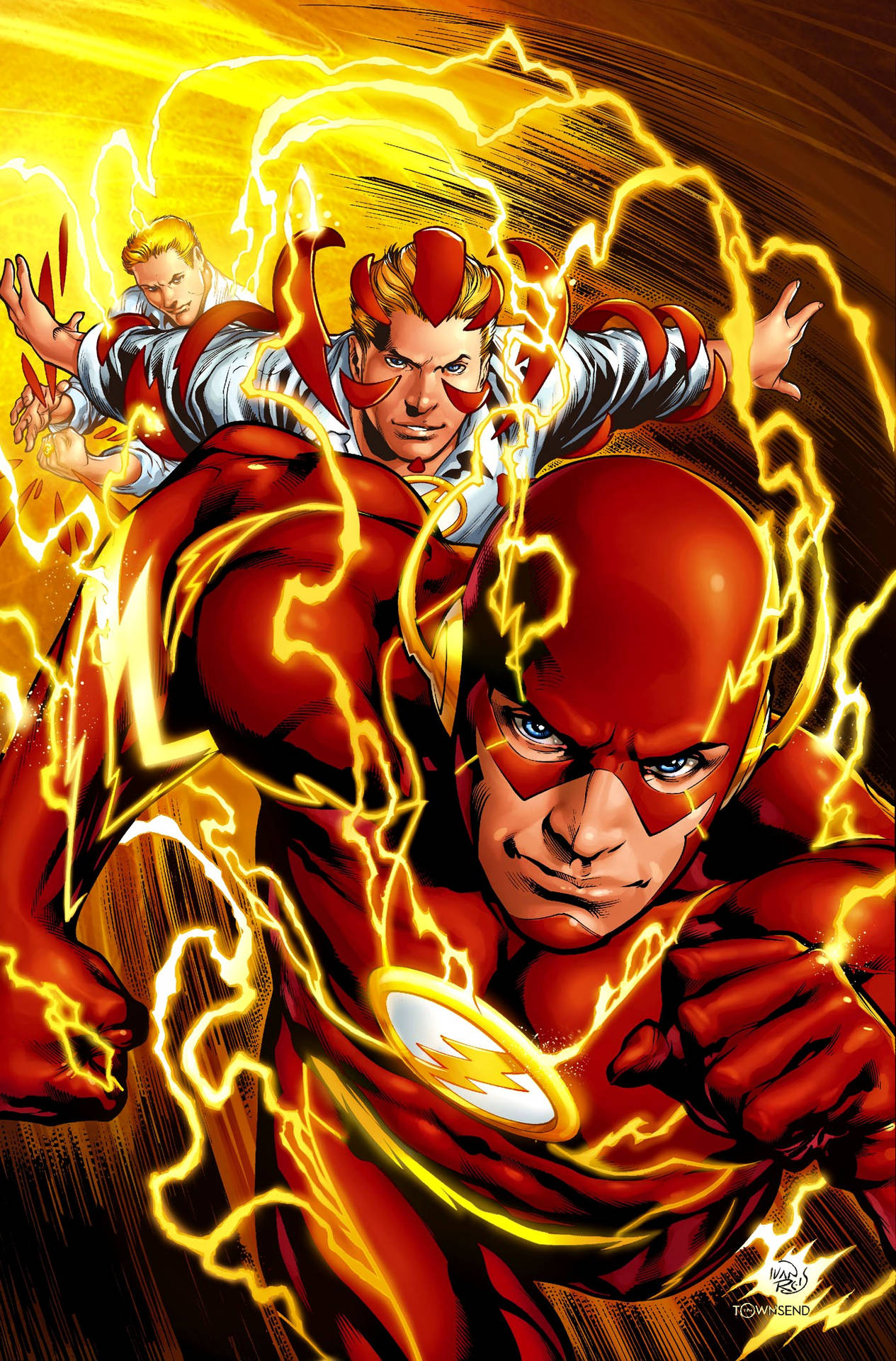 The Flash身穿紅黃色套裝，被閃電包圍