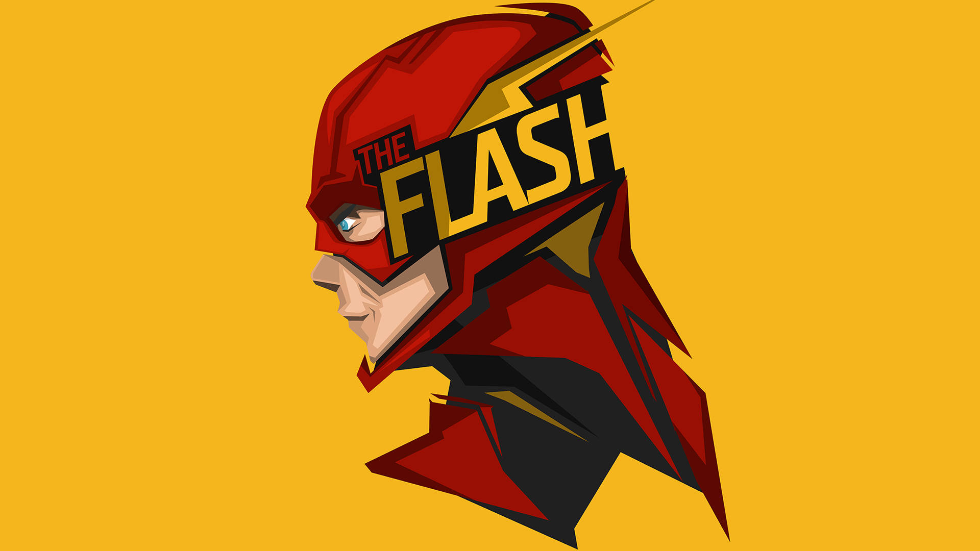 The Flash 超級英雄穿著紅黃色服裝在黃色背景上