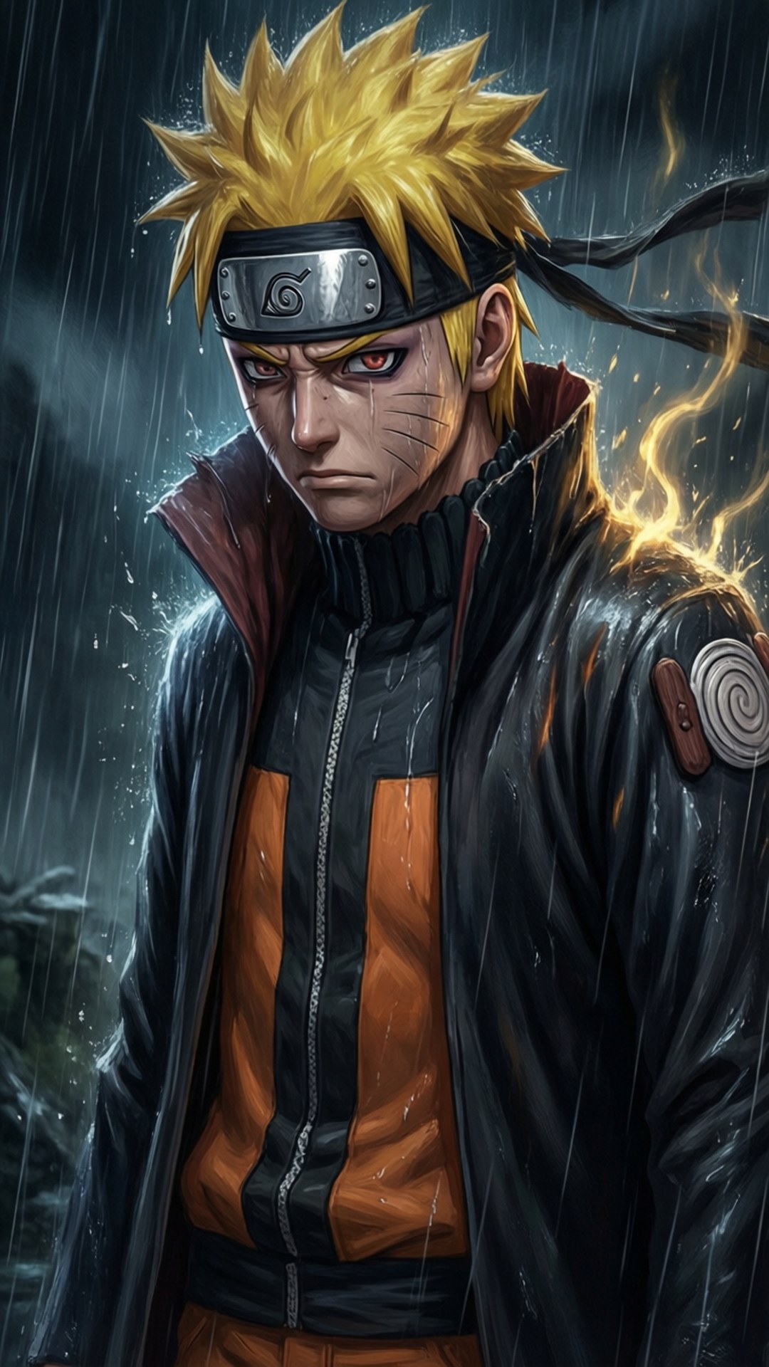巴里昂雨幕 壁紙 — 漩渦鳴人站在傾盆大雨中，身穿黑色和橙色外套，肩上有一個旋轉的符號，閃電在他周圍劈啪作響。