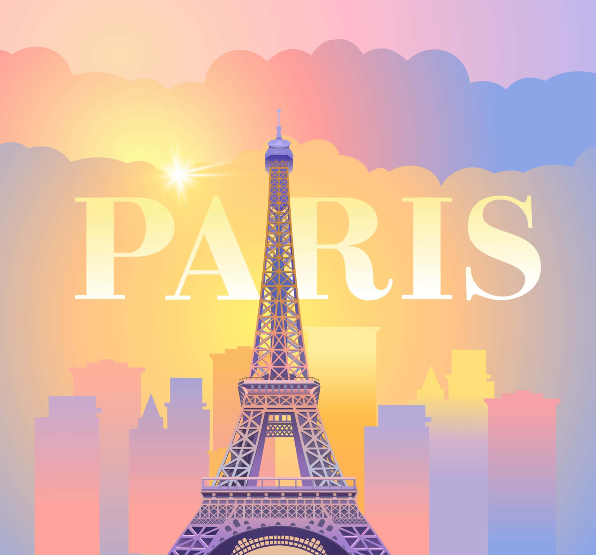巴黎艾菲爾鐵塔在日落時分，粉彩天空和發光的PARIS文字。