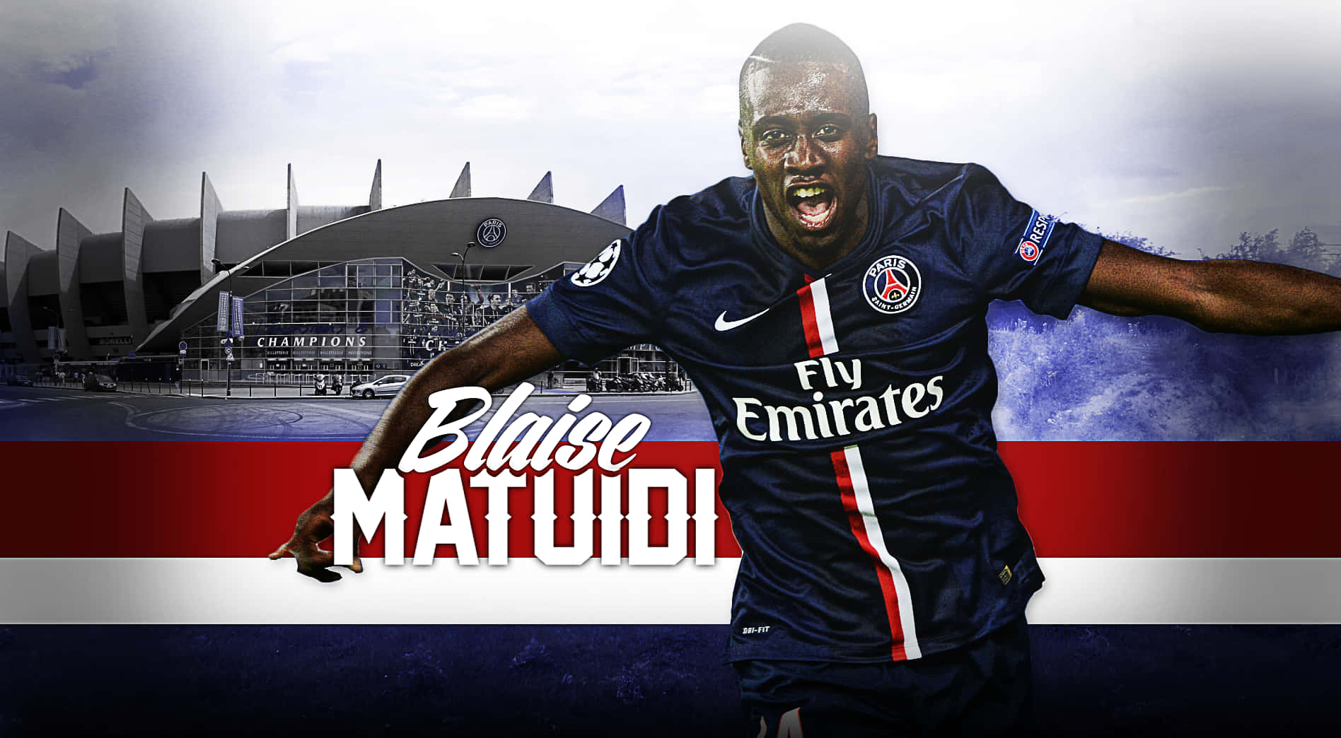 巴黎聖日耳曼中場布萊斯·馬圖伊迪粉絲藝術 壁紙 — 足球員 Blaise Matuidi 身穿巴黎聖日耳曼球衣，在紅白藍粗條紋的球場背景下慶祝。