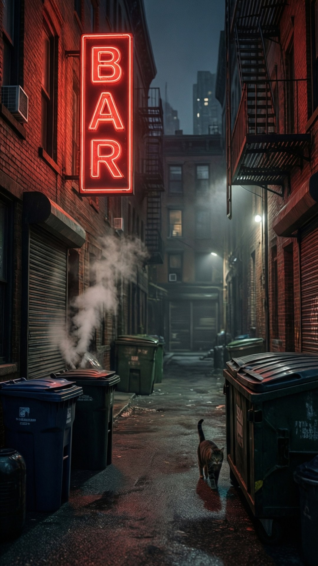一隻貓在雨中的城市小巷裡行走，小巷被紅色霓虹燈酒吧招牌照亮。
