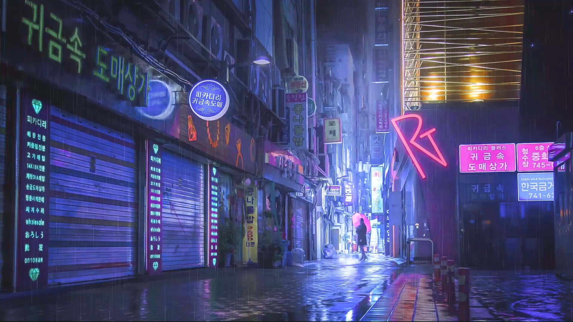 雨夜中霓虹燈照亮的小巷，發光的招牌在濕漉漉路面上反射。