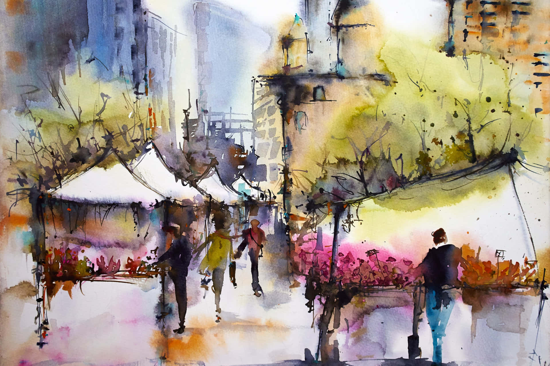 人們在色彩繽紛的樹木和市場攤位點綴的活力城市廣場上行走。