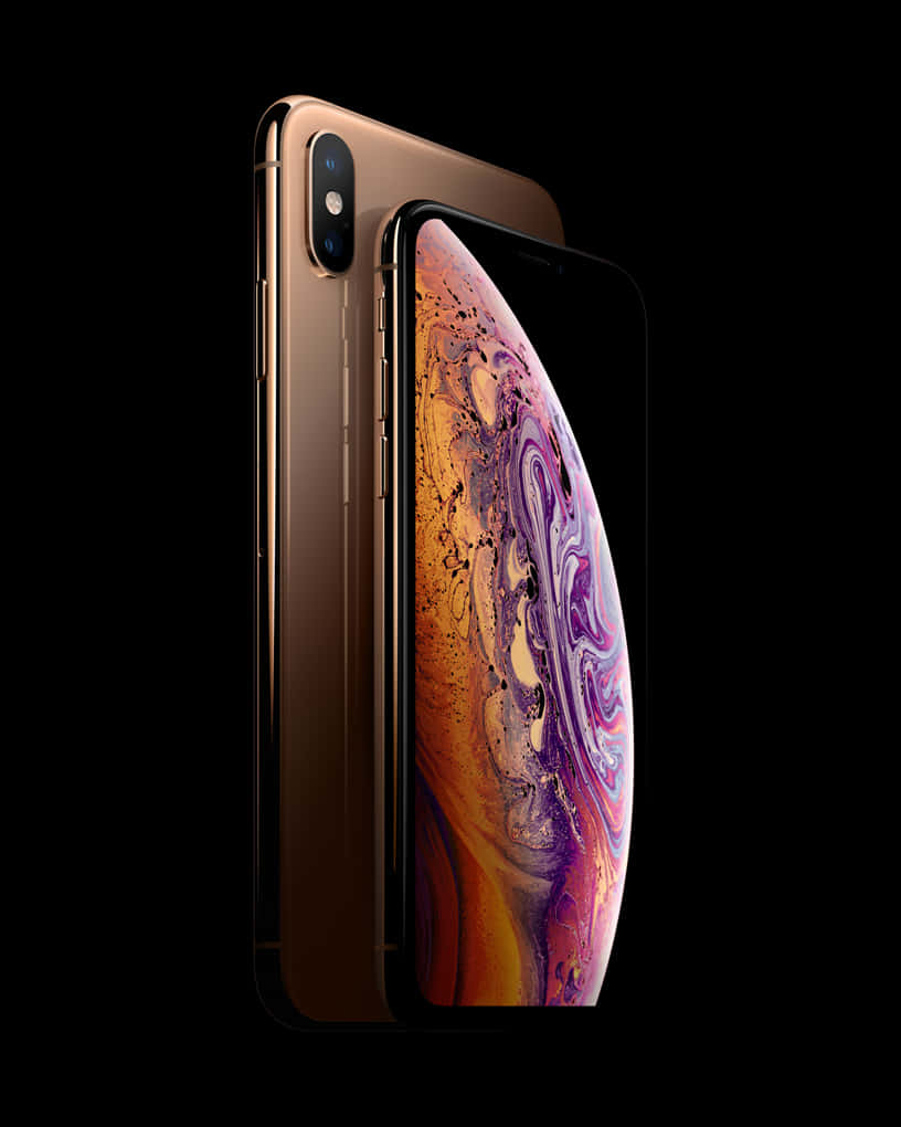 市面最新 iPhone 機型 壁紙 — 金色iPhone XS傾斜在黑色背景上，展示其充滿活力的旋轉屏幕壁紙。