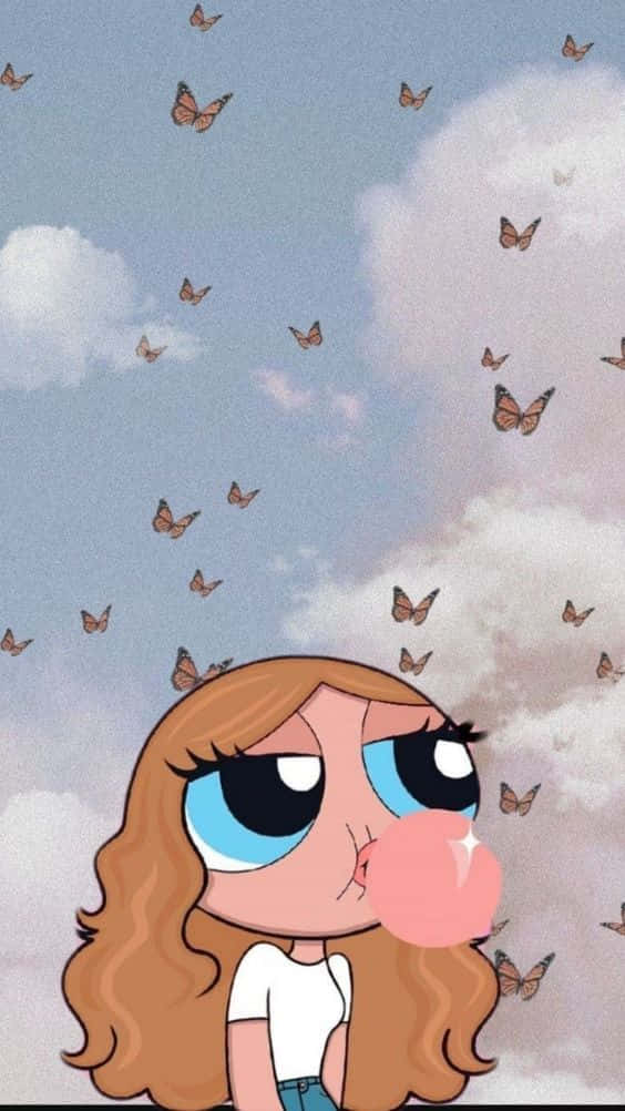 卡通女孩在雲霧天空下吹粉紅色泡泡糖，蝴蝶在她周圍飛舞。
