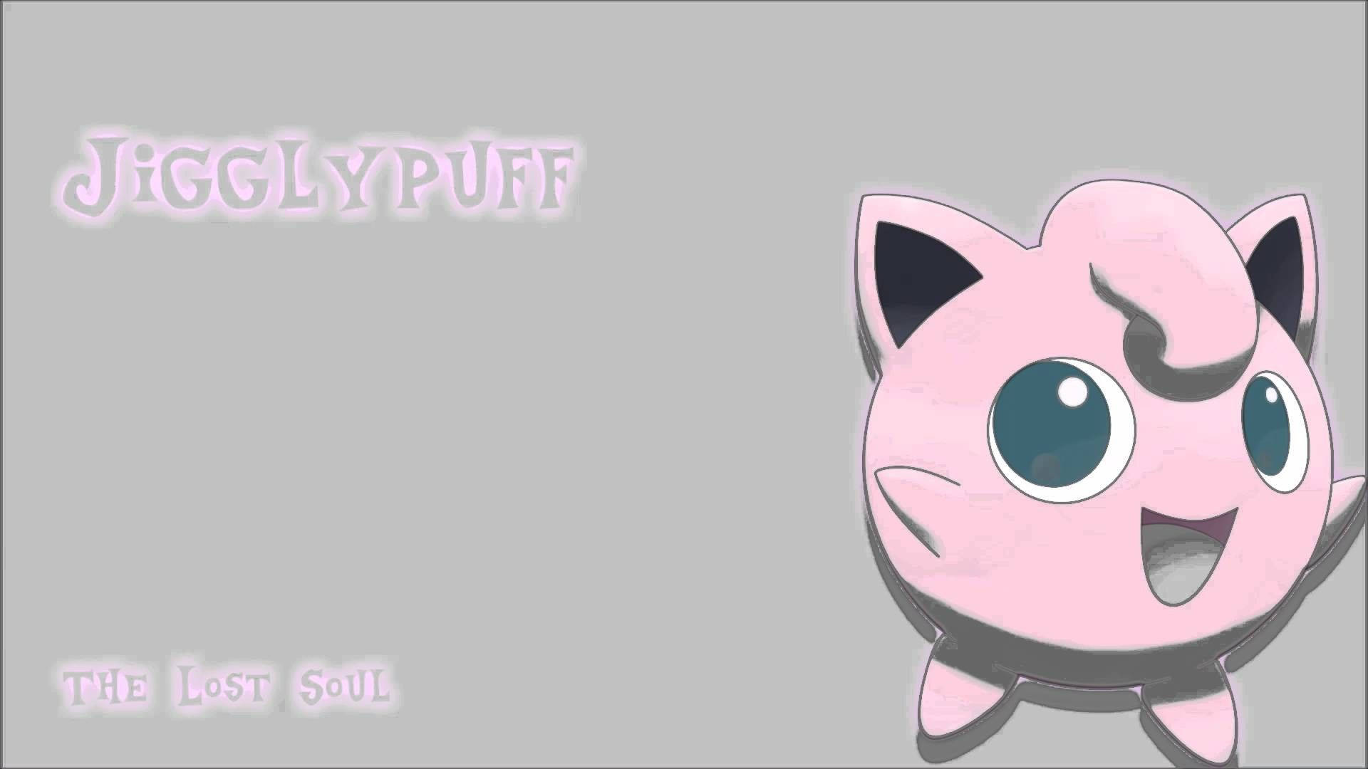粉紅色卡通寵物小精靈Jigglypuff，有大眼睛同笑臉，喺灰色背景上。