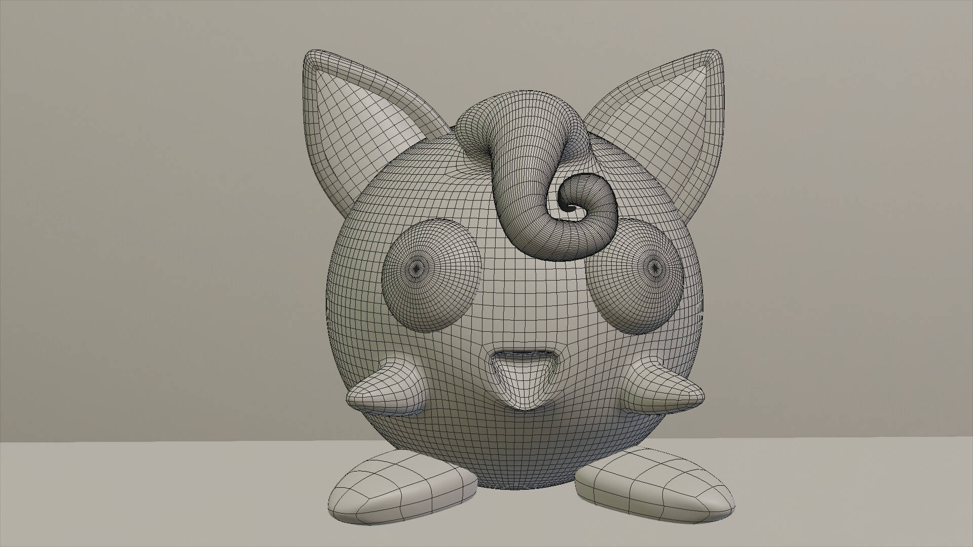 一個可愛卡通生物的線框3D模型，有螺旋尾巴和貓耳朵。