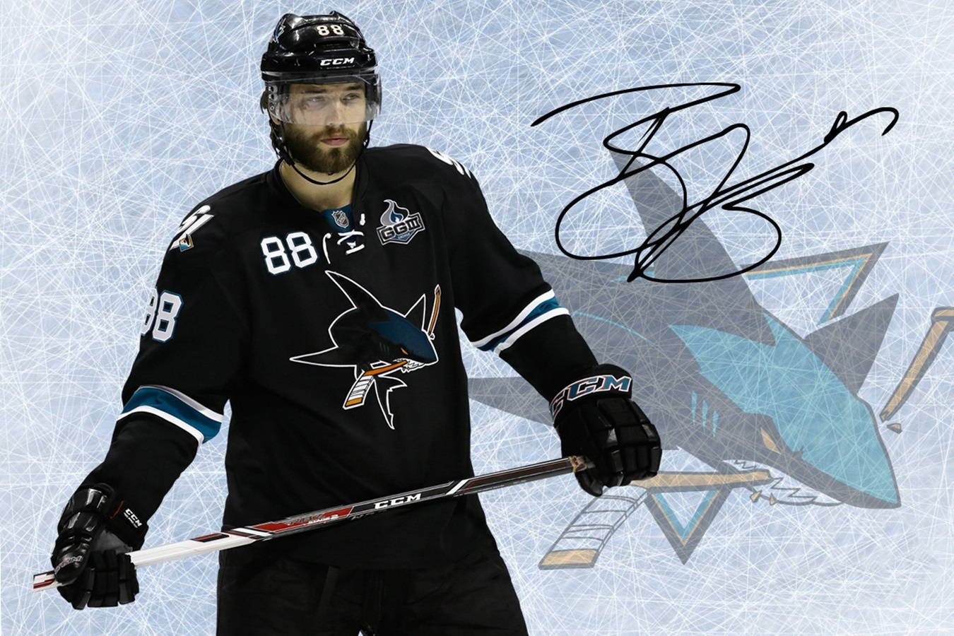 布倫特·伯恩斯簽名自傳海報 壁紙 — 穿著黑色Sharks球衣的曲棍球運動員在冰場背景下持棍，附有簽名。
