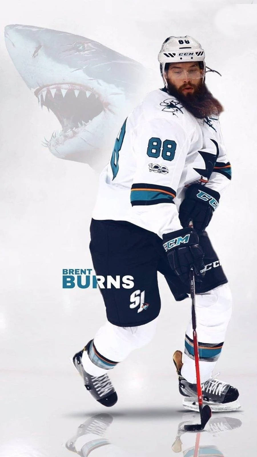 布倫特·伯恩斯聖荷西鯊魚隊海報藝術 壁紙 — 冰球運動員 Brent Burns 身穿鯊魚隊裝備，在反射冰面上大步向前，身後浮現一個巨大的鯊魚頭。