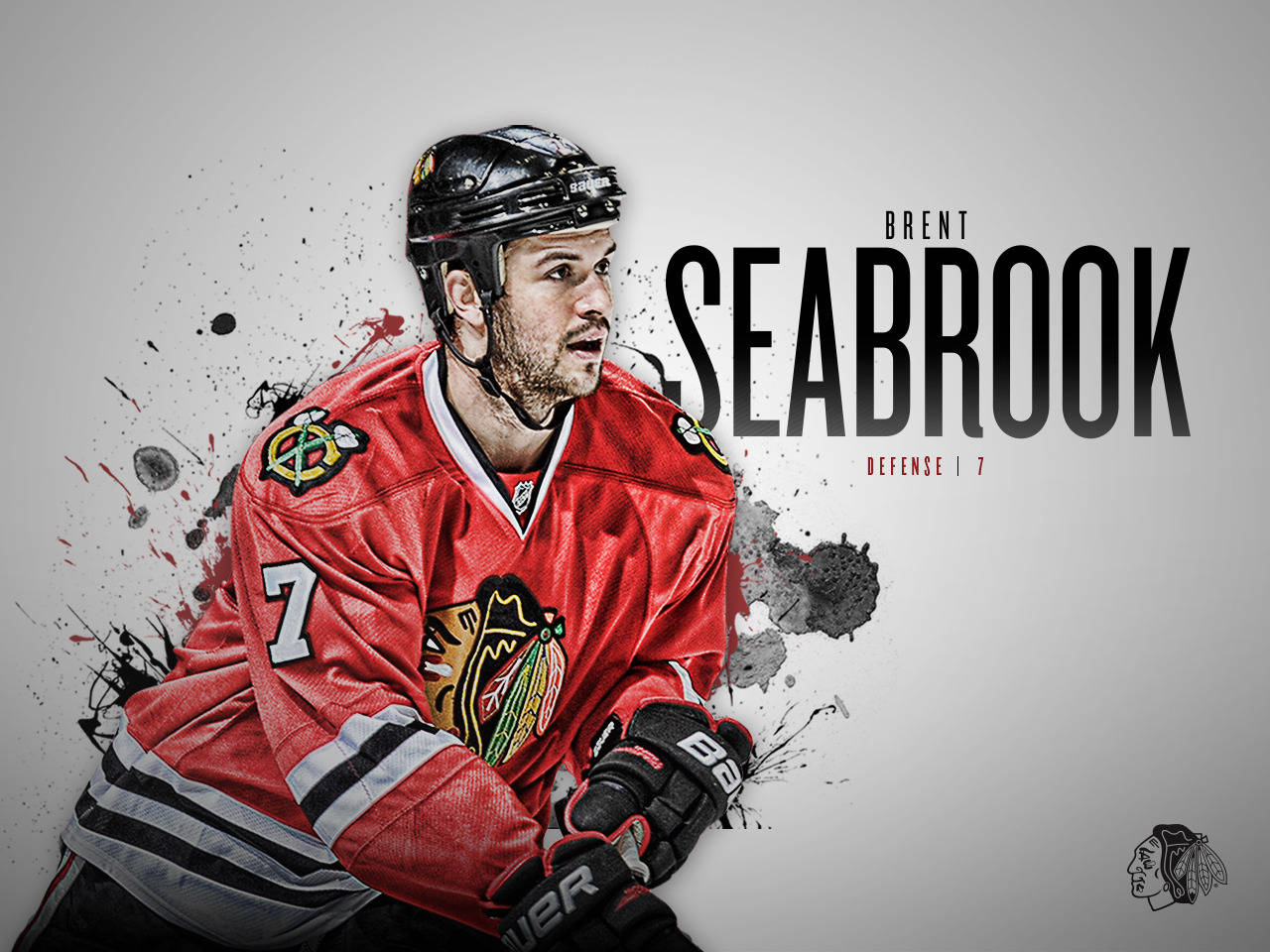 布倫特·西布魯克芝加哥黑鷹隊圖像藝術 壁紙 — 冰球運動員 Brent Seabrook 身穿紅色芝加哥黑鷹隊球衣，帶有動態油漆飛濺效果和粗體字體。