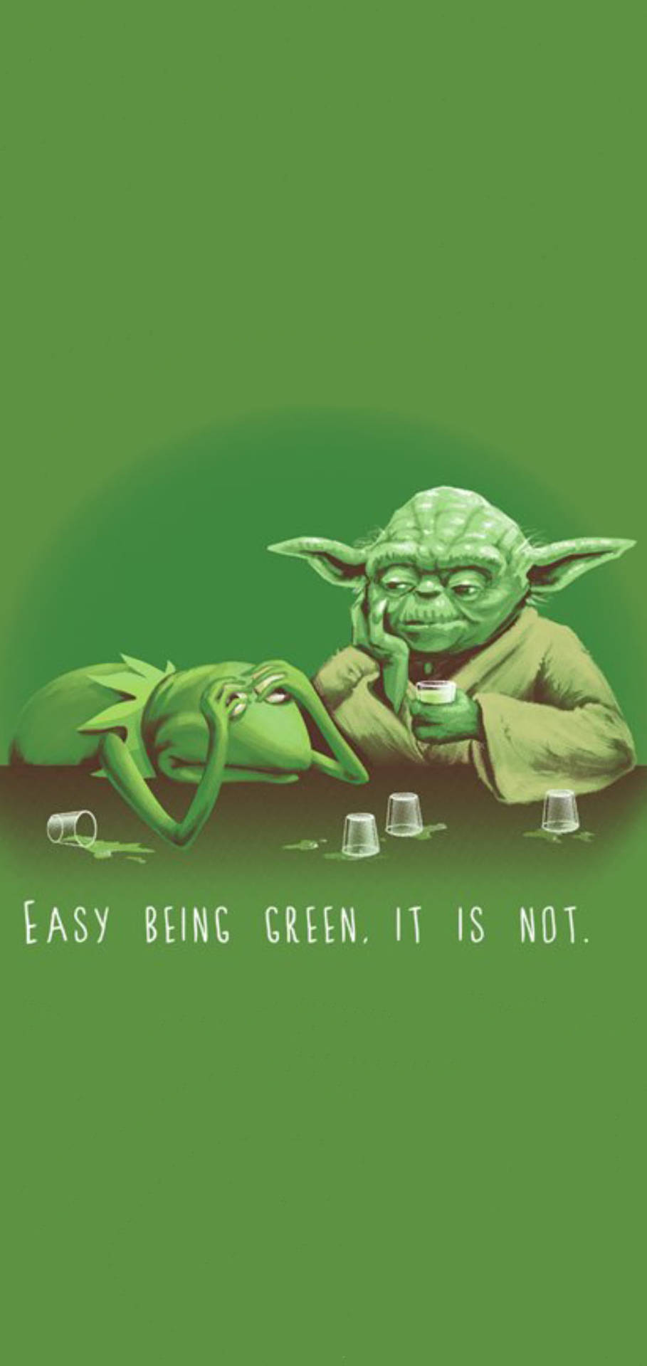 尤達與青蛙柯米特，綠色背景上寫有 'Easy being green it is not'