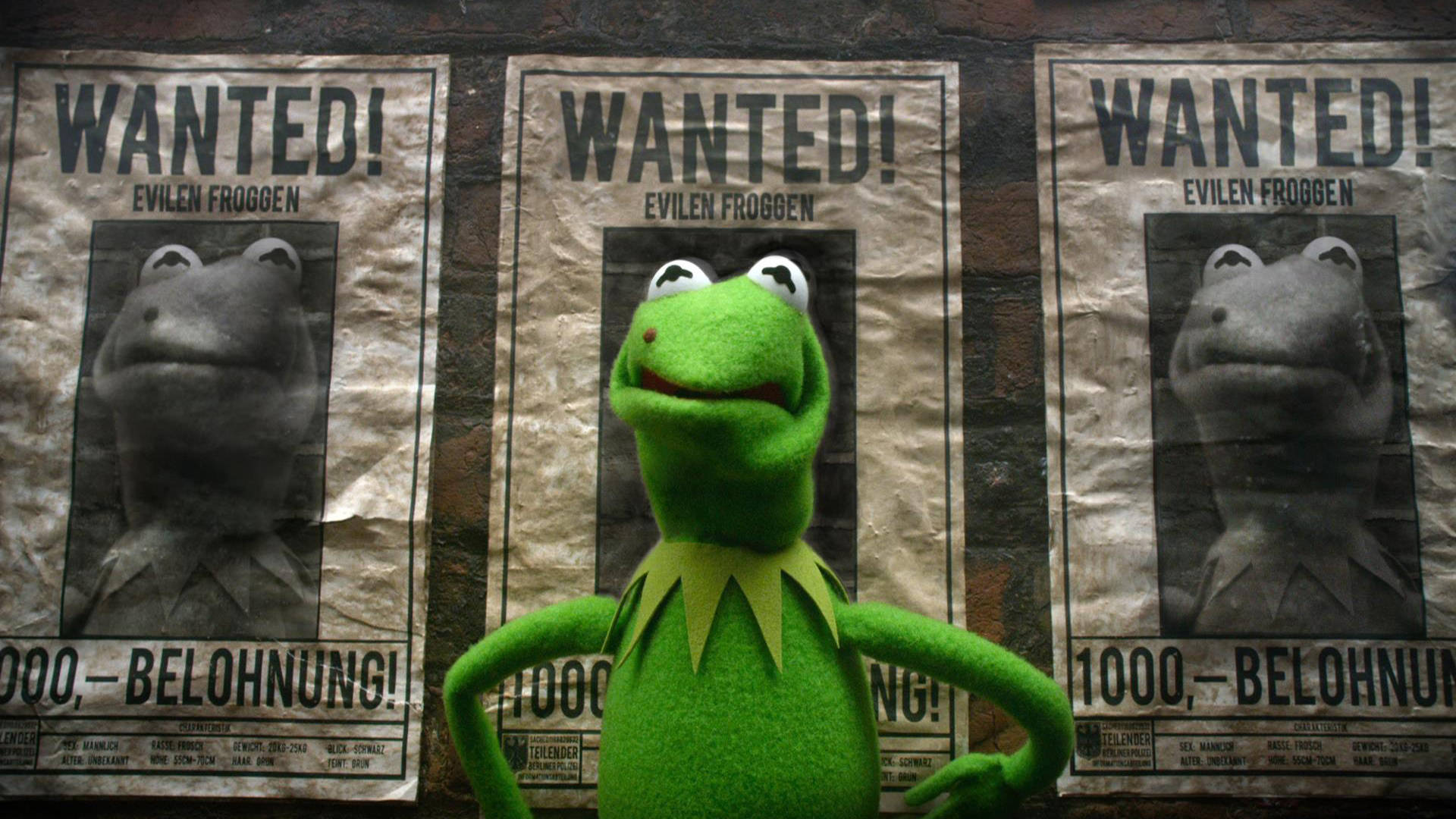 Kermit the Frog 喺有佢樣嘅通緝海報前面擺甫士。