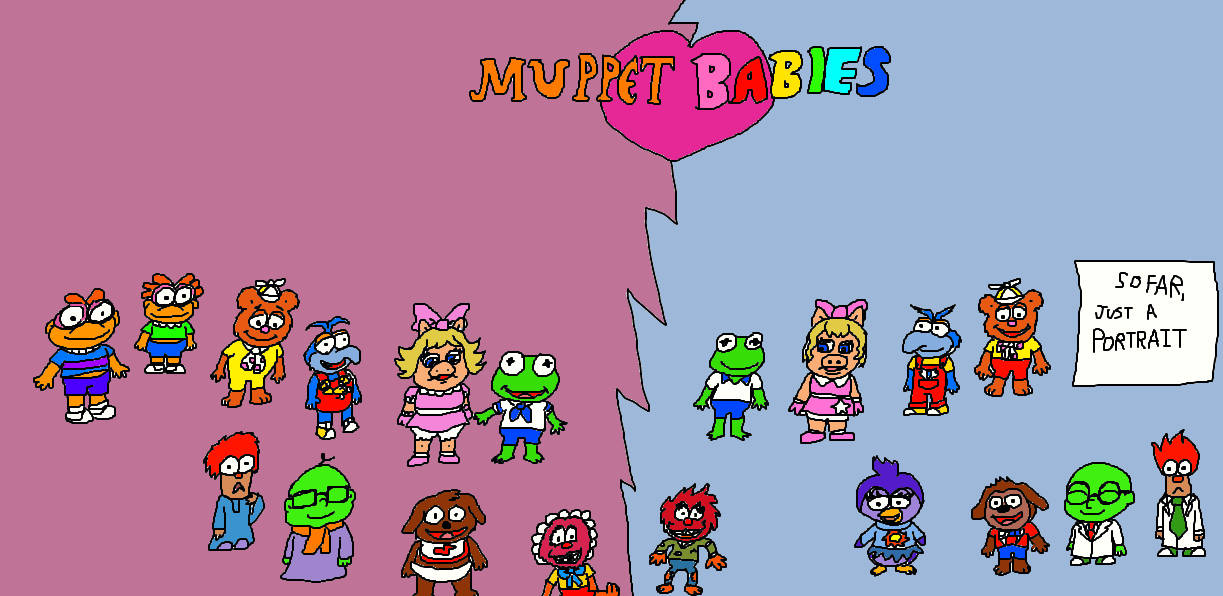 布偶娃娃家庭繪畫 壁紙 — 色彩繽紛卡通風格的Muppet Babies角色，由鋸齒狀粉紅和藍色背景分割，附有標題和標誌。